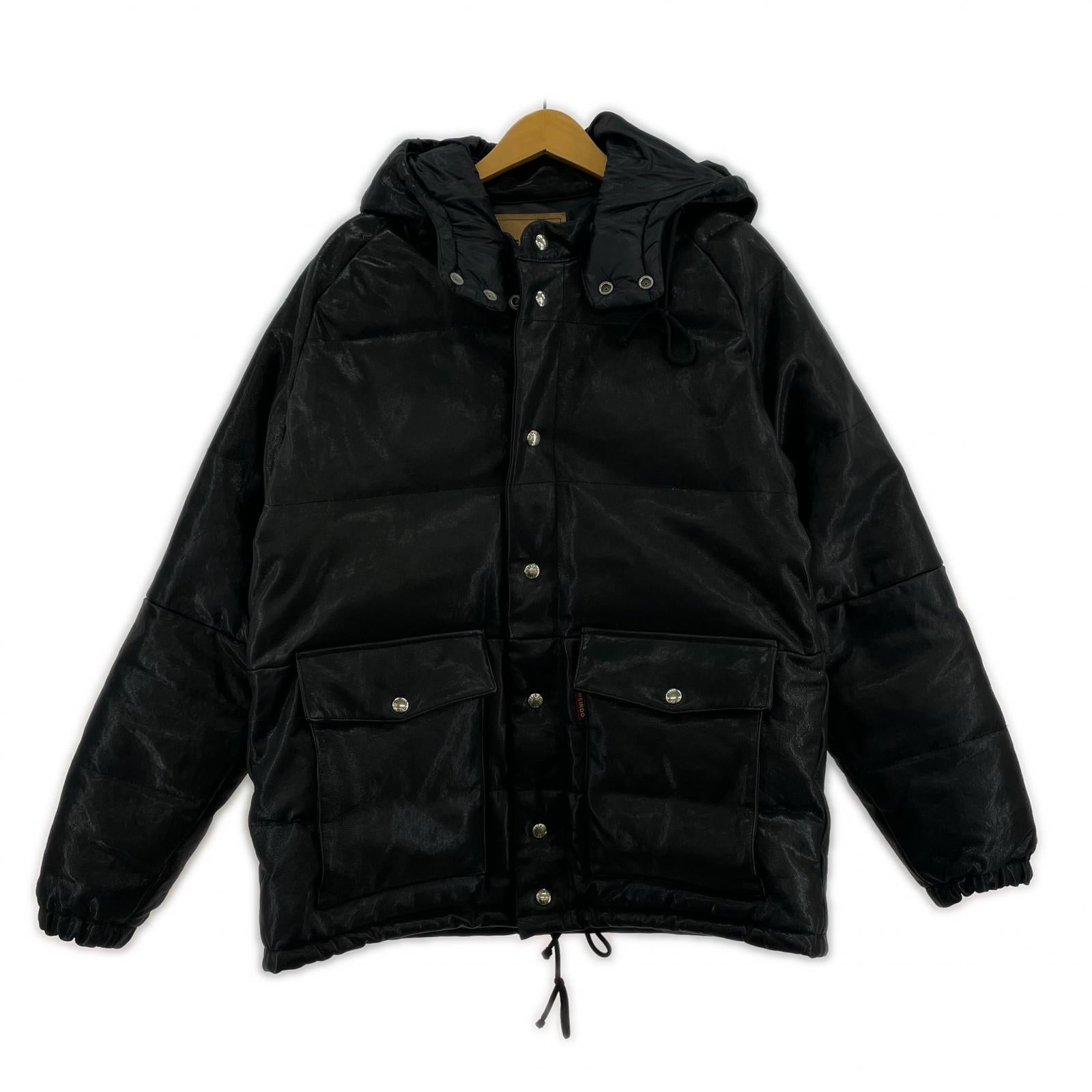 ダウンジャケット ゴートスキン レザーダウンジャケット 黒 (XL) ブラック