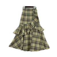 ロングスカート rienda チェックフリルスリットスコートショートスカート (M) M ベージュ