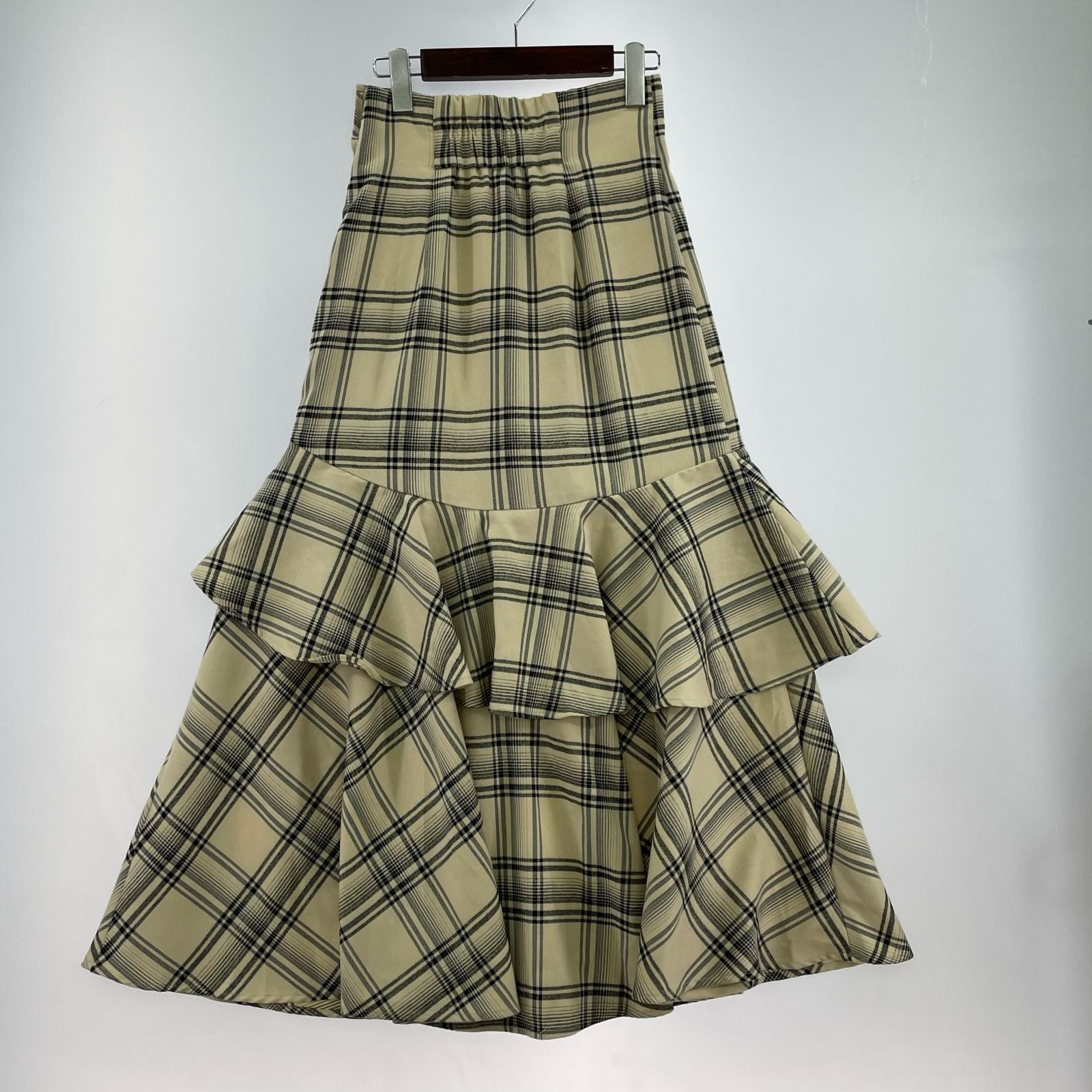 ロングスカート rienda チェックフリルスリットスコートショートスカート (M) M ベージュ