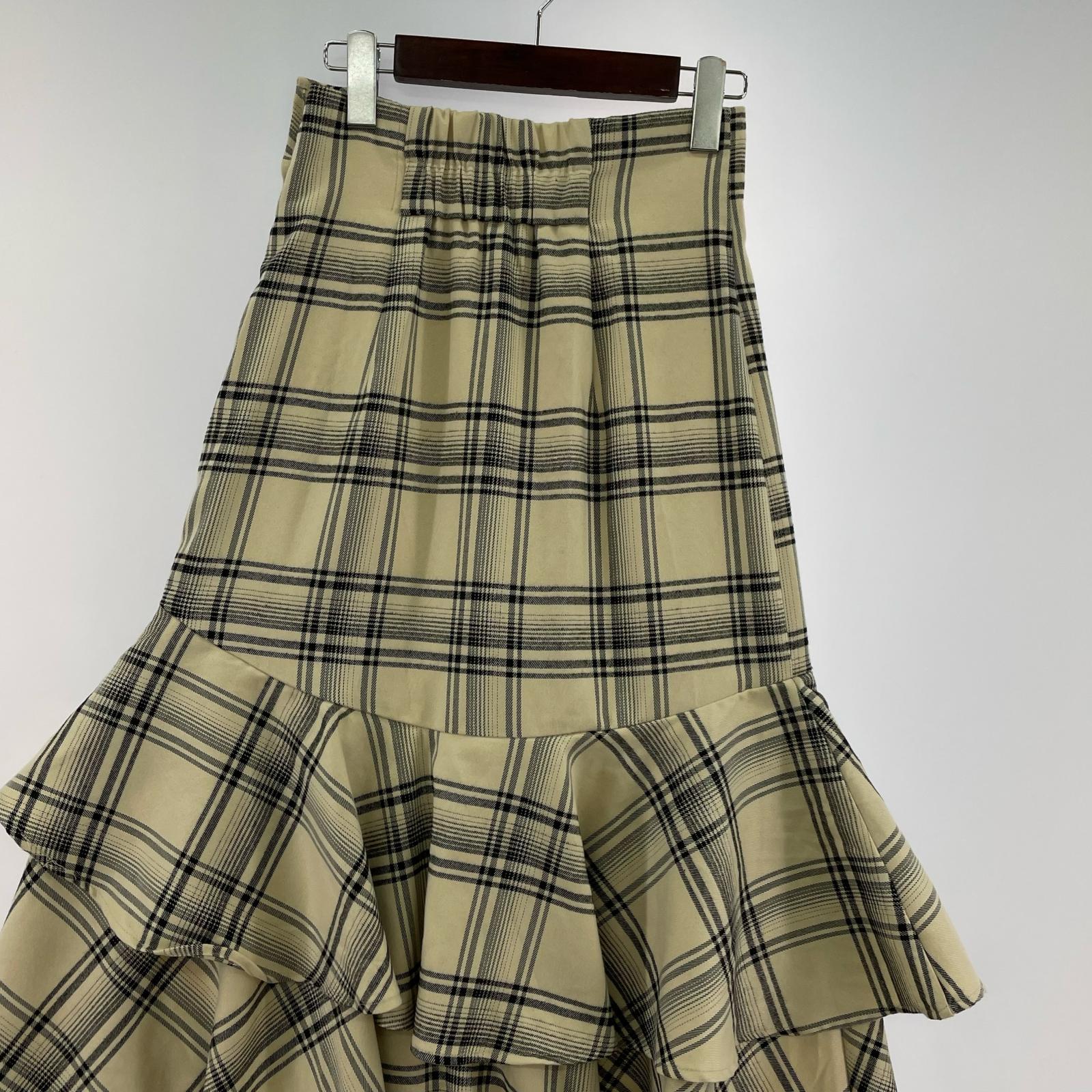ロングスカート rienda チェックフリルスリットスコートショートスカート (M) M ベージュ