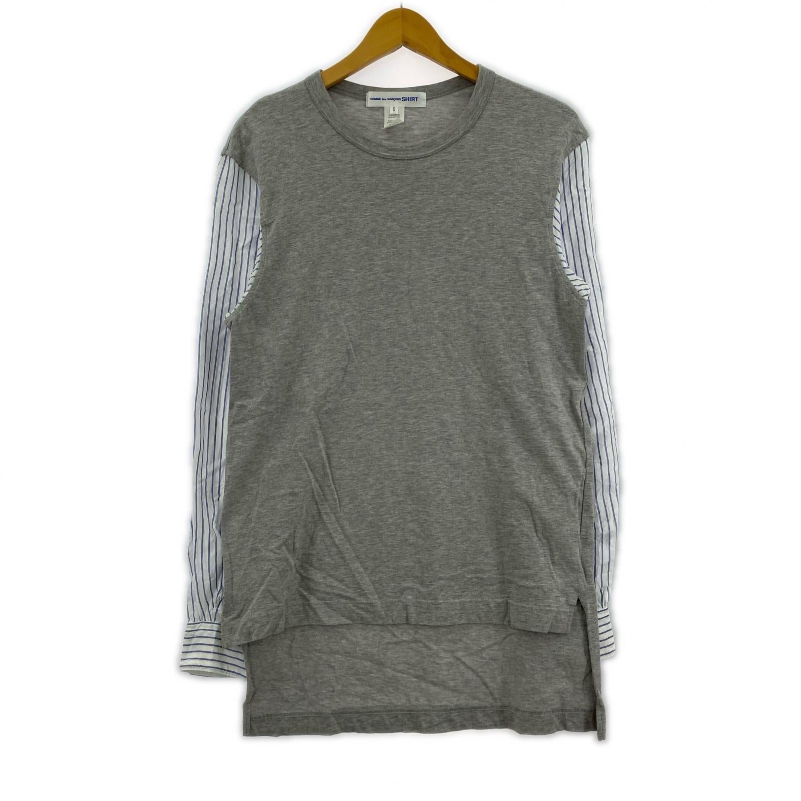 長袖Tシャツ 袖ドッキング ストライプシャツ グレー S S グレー