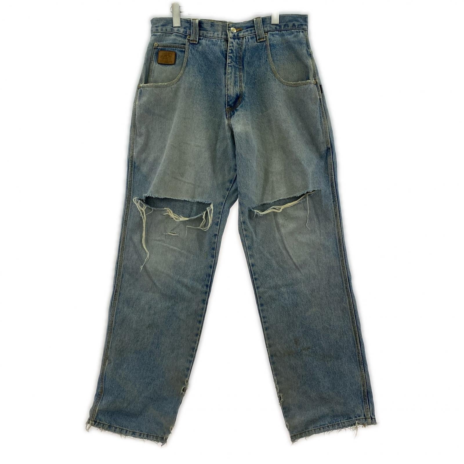 デニムパンツ 90s fubu ダメージ加工バギーデニム 32 ブルー
