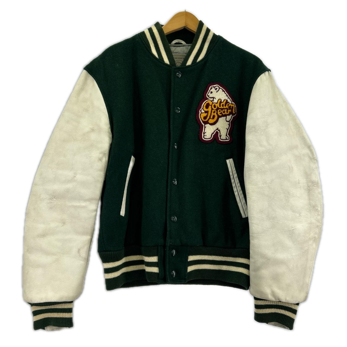 ジャケット 90s頃 GOLDEN BEAR 袖レザースタジャン(M) グリーン×クリーム M