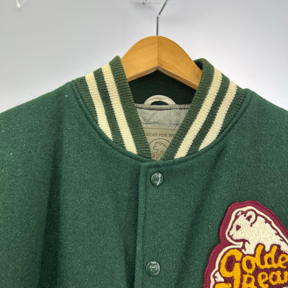 ジャケット 90s頃 GOLDEN BEAR 袖レザースタジャン(M) グリーン×クリーム M