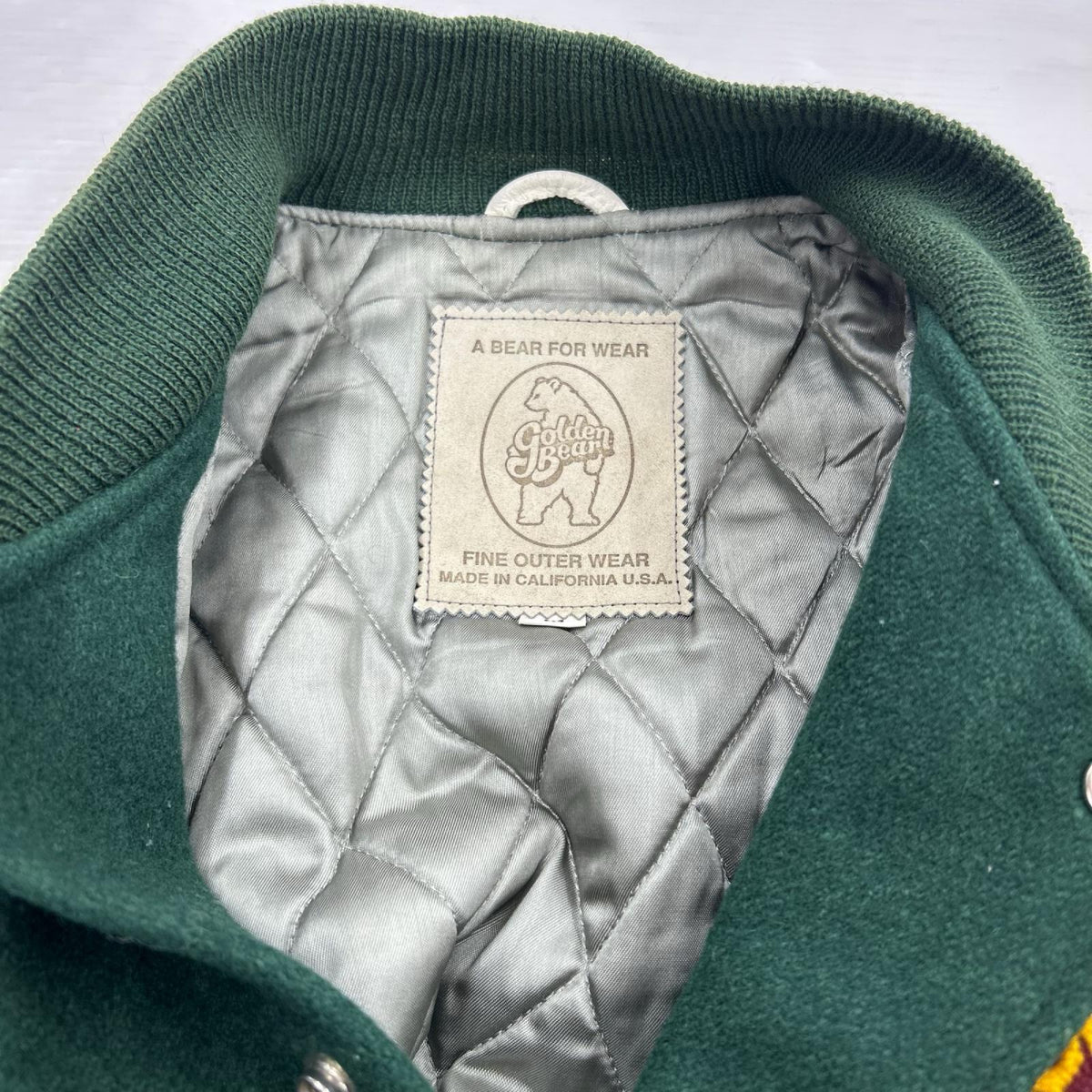 ジャケット 90s頃 GOLDEN BEAR 袖レザースタジャン(M) グリーン×クリーム M