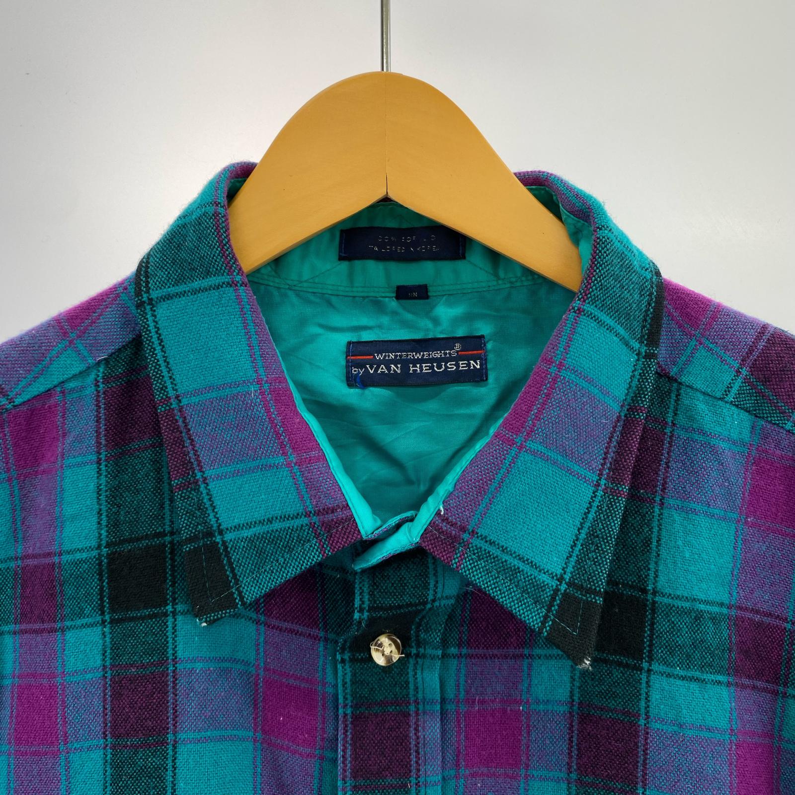 長袖シャツ VAN HEUSEN ウールチェックシャツ XL グリーン グリーン