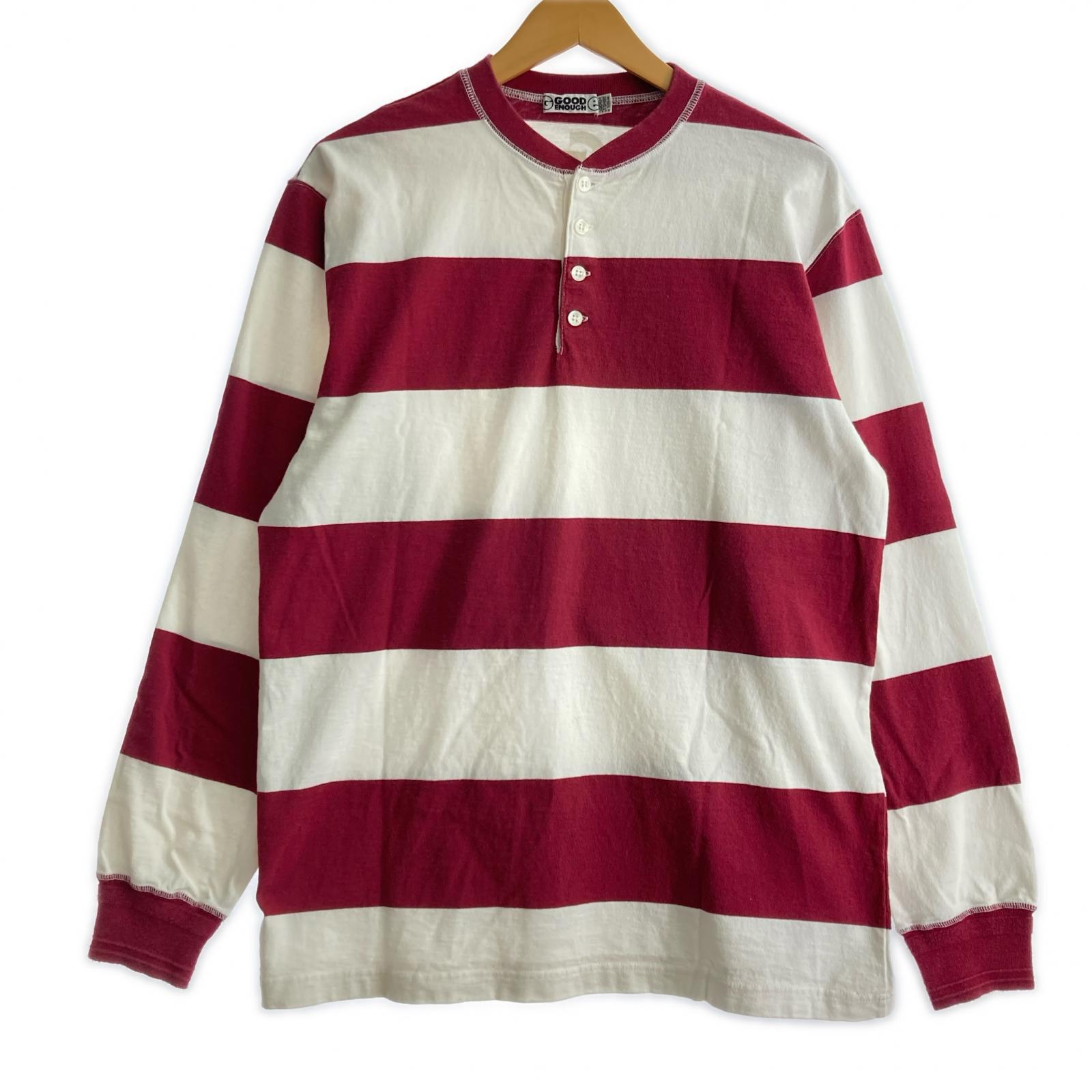 長袖Tシャツ ボーダー ヘンリーネック 赤 白 M