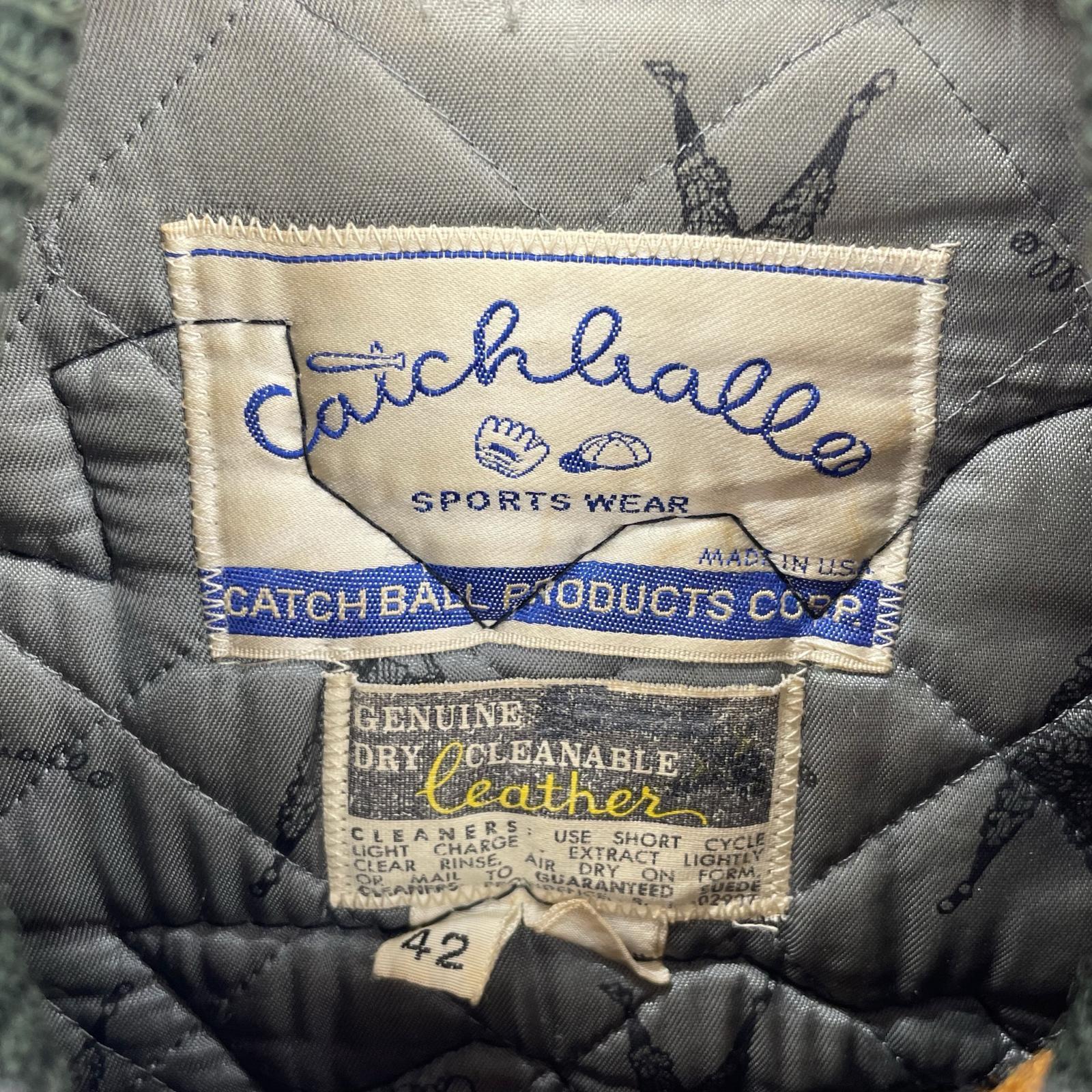 ジャケット .CATCH BALL PRODUCTS フルデコ 袖レザースタジャン 42 マスタード×グリーン 42