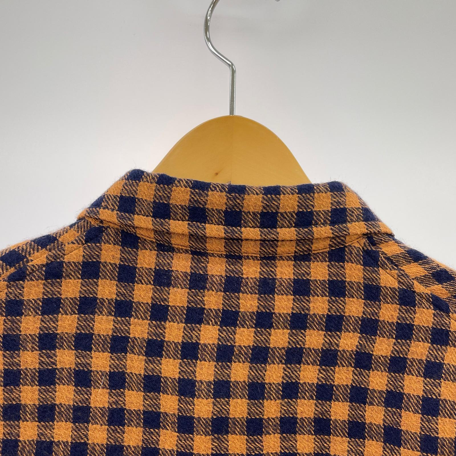長袖シャツ グンガムチェックロングシャツ オレンジ 紺 1