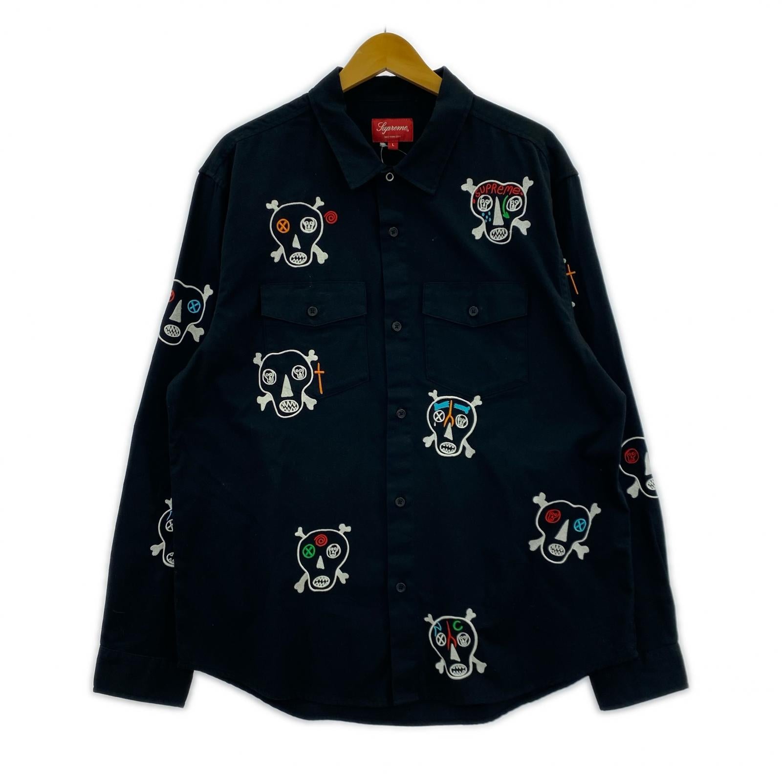 長袖シャツ Skulls Embroidered Work Shirt 黒 L L ブラック