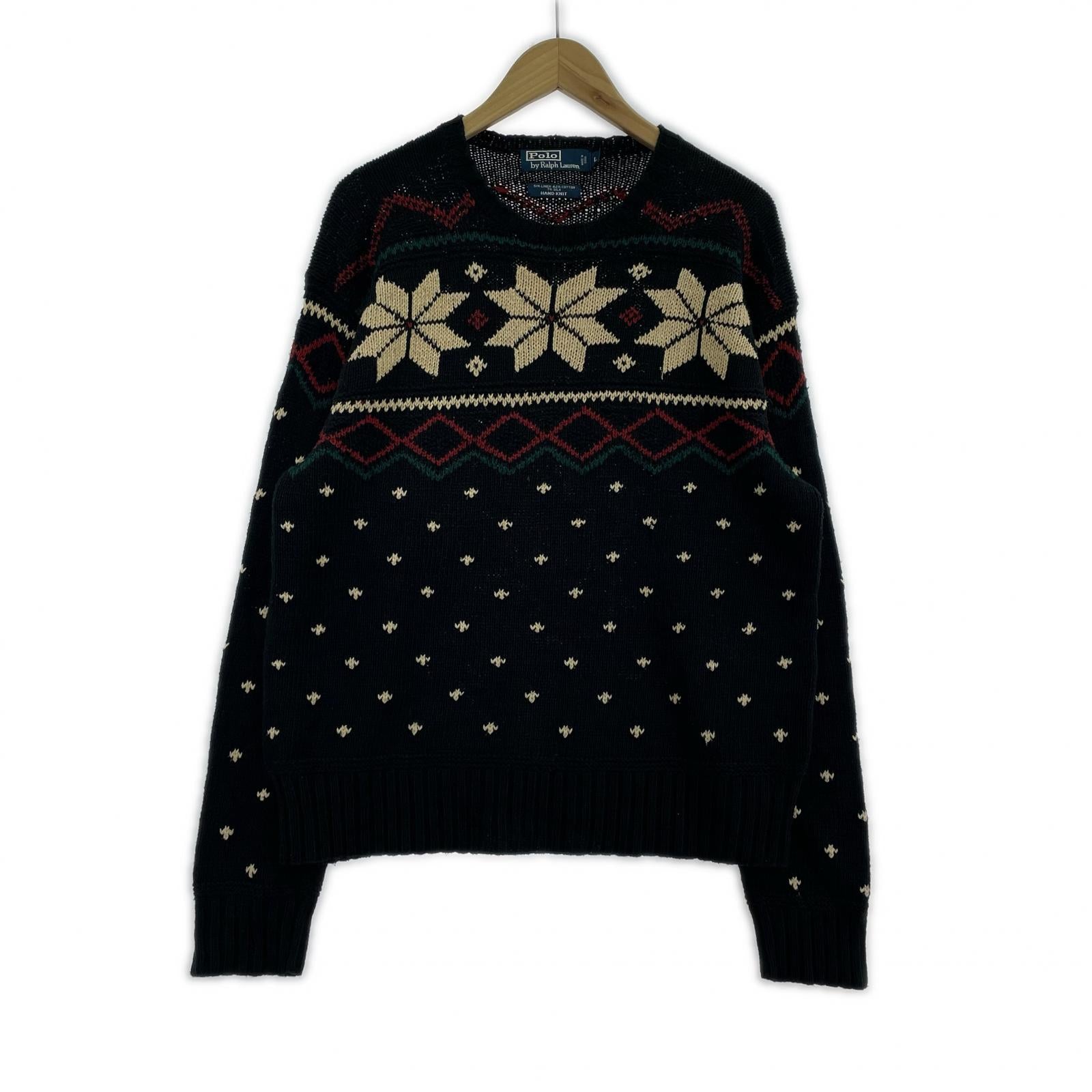 ニット HAND KNIT ノルディック柄 シルクブレンド ニットセーター(L) 黒 L グリーン