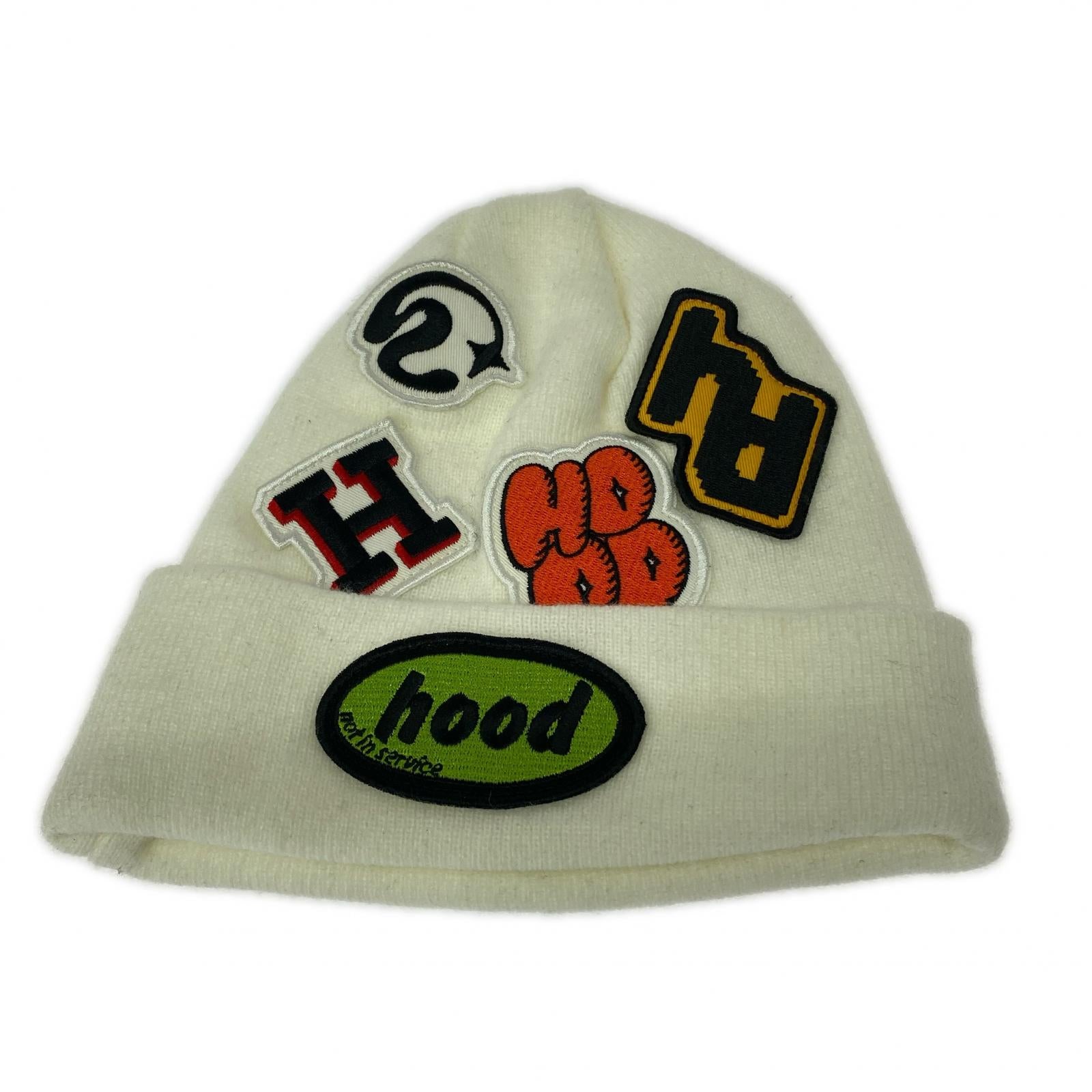 ニットキャップ ×Hood ワッペン 白 ホワイト