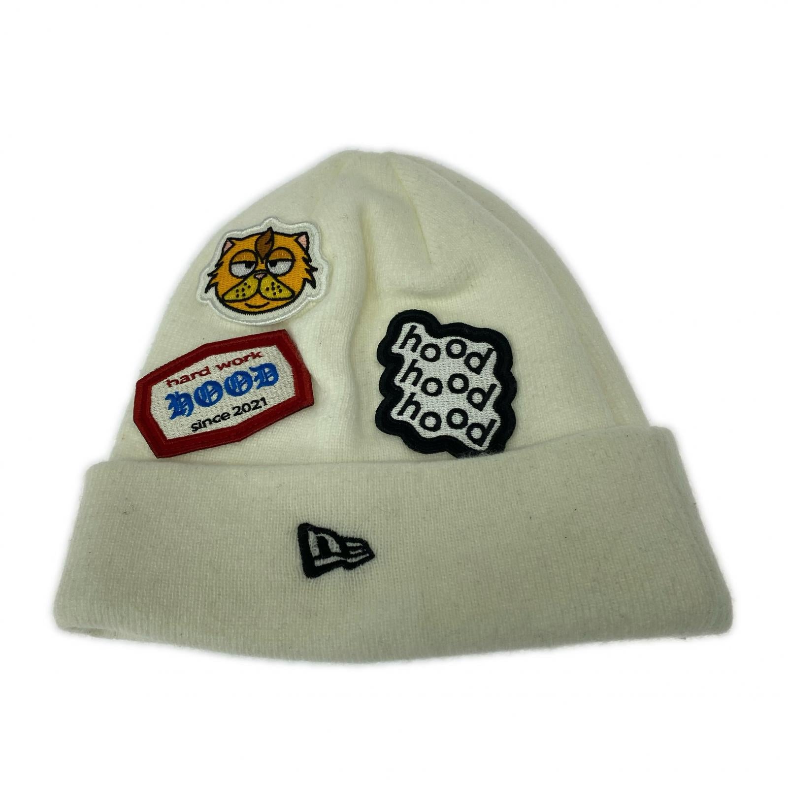 ニットキャップ ×Hood ワッペン 白 ホワイト