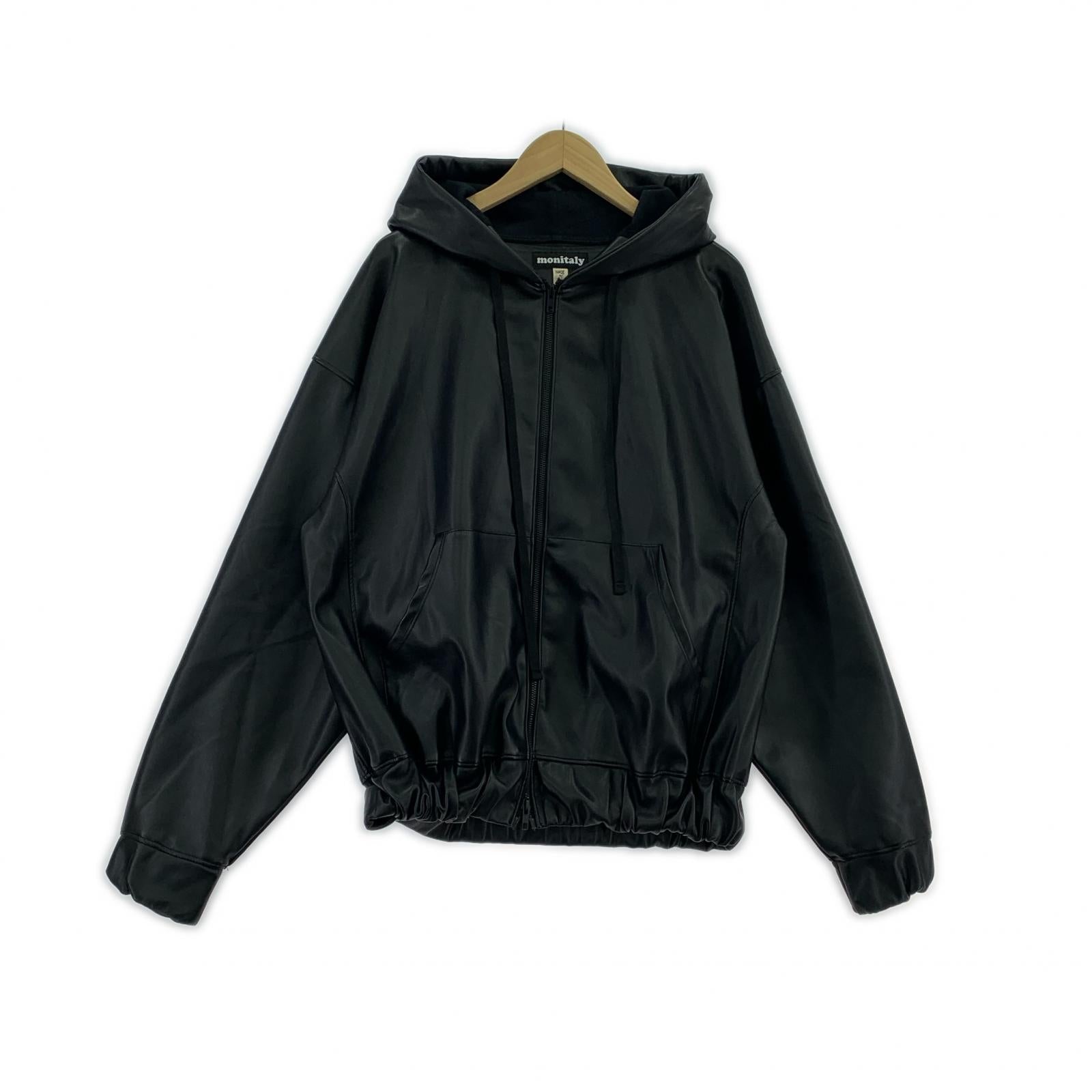 ブルゾン MONITALY フェイクレザーフーディジャケット 黒 M32821-3-SMU (M) M ブラック