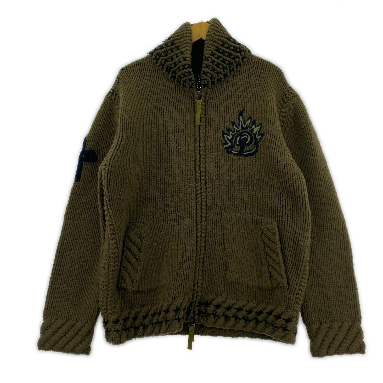 カーディガン ドラゴン刺繍カウチンニット L KHK L