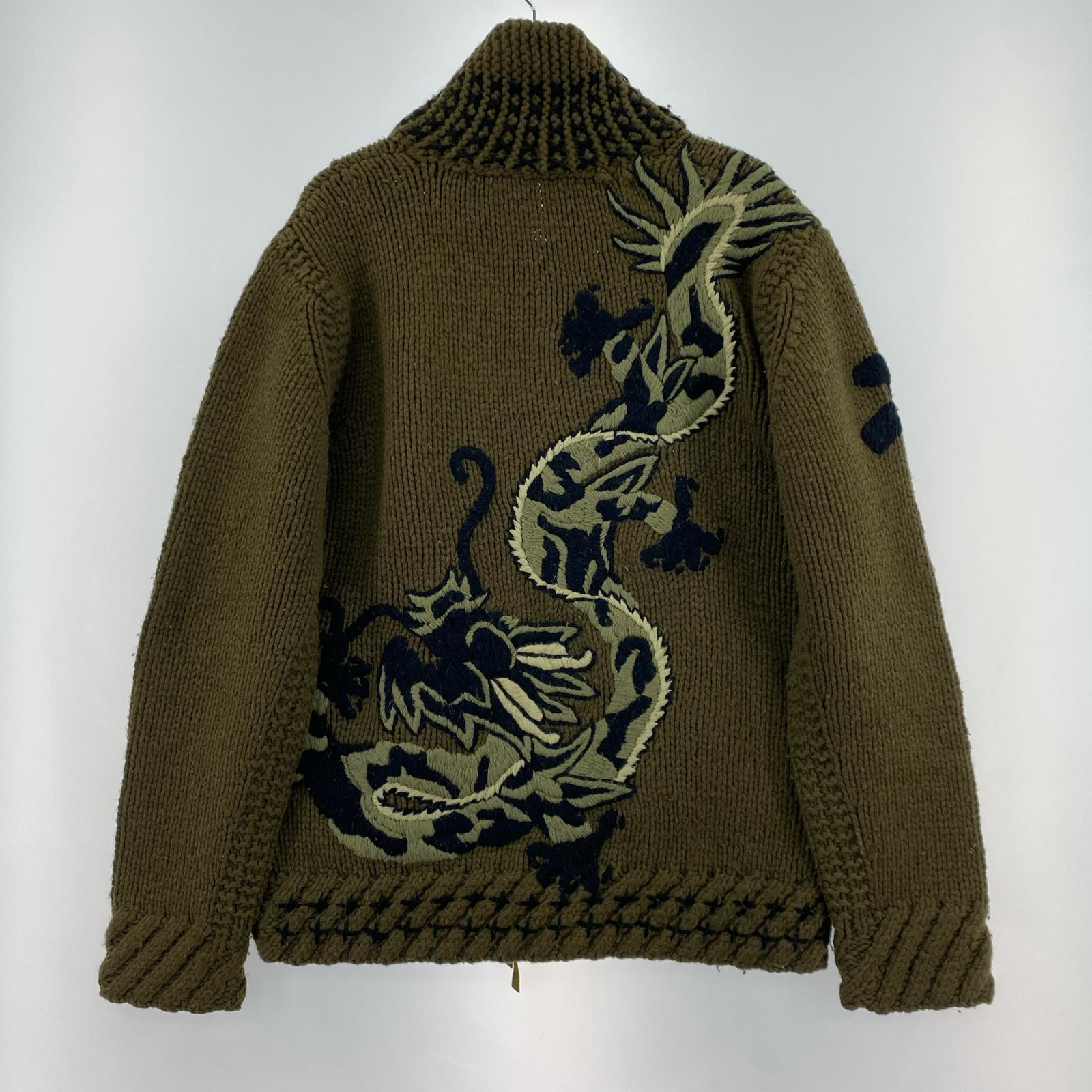 カーディガン ドラゴン刺繍カウチンニット L KHK L