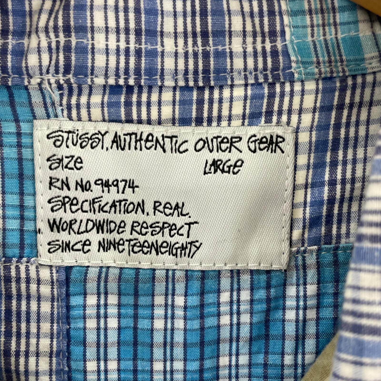 半袖シャツ STUSSY AUTHENTIC GEAR パッチワークシャツ チェック×カモフラ L L ブルー