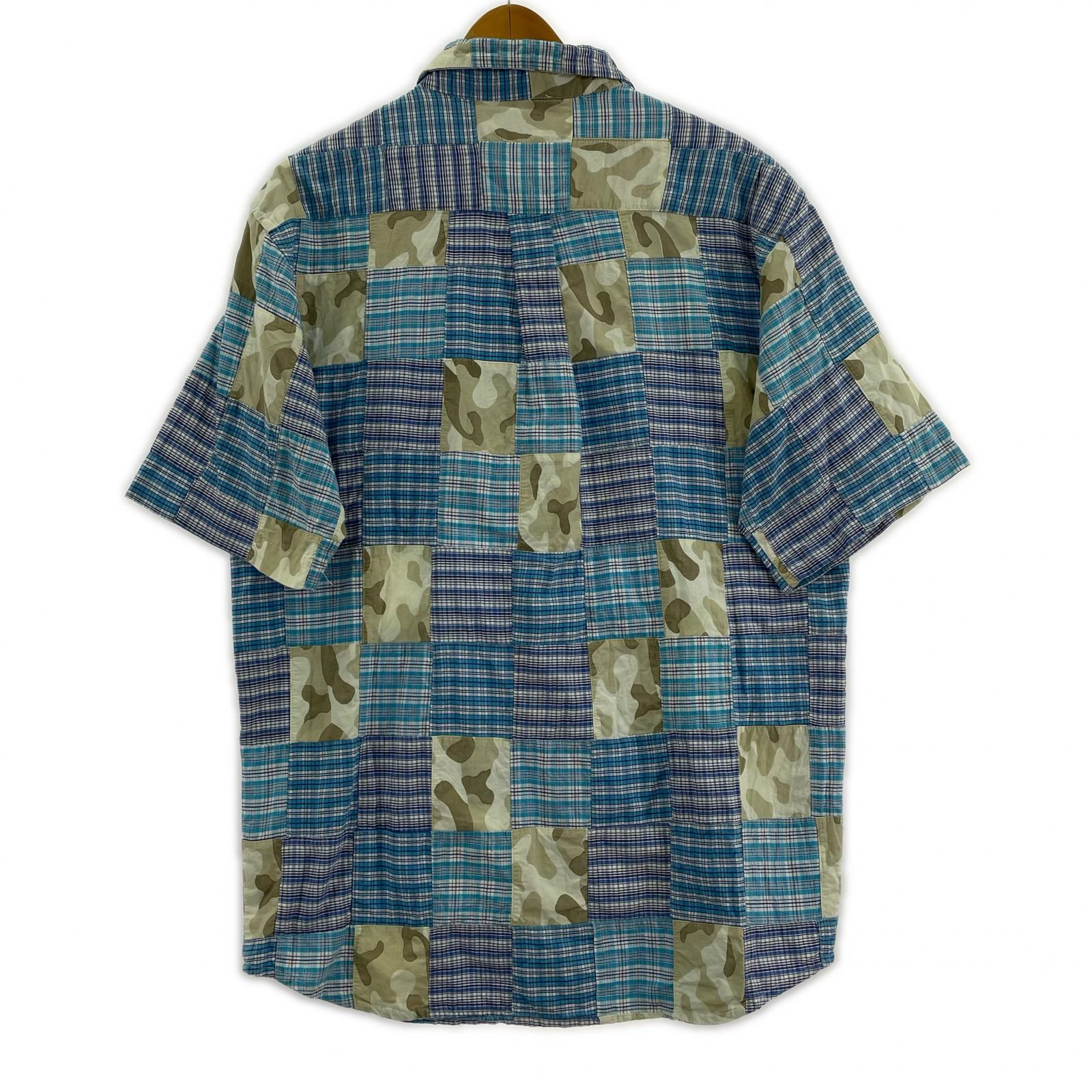 半袖シャツ STUSSY AUTHENTIC GEAR パッチワークシャツ チェック×カモフラ L L ブルー