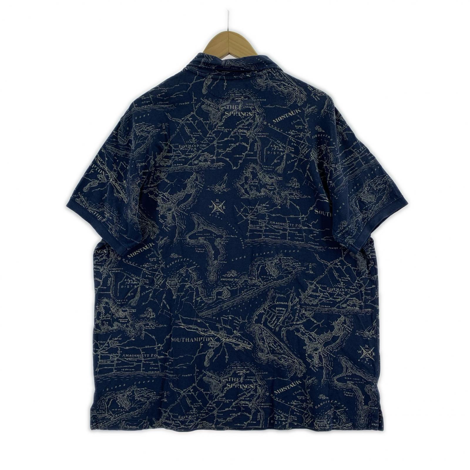 ポロシャツ 90s 地図柄 ポロシャツ 総柄 紺 (XL) ネイビー