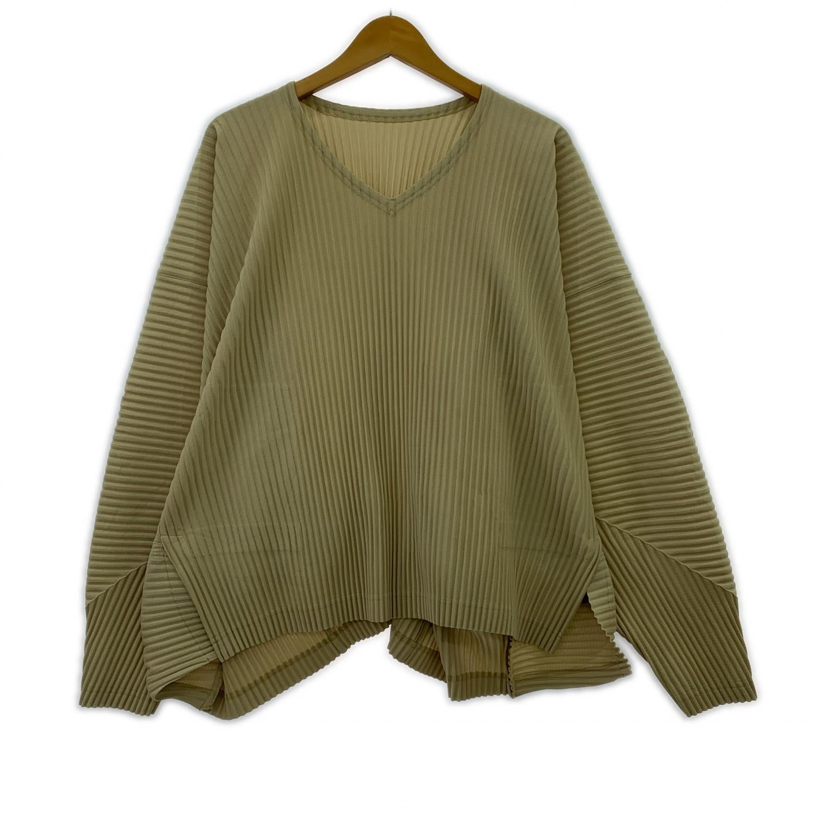 長袖Tシャツ ISSEY MIYAKE HOMME PLISSE 19AW ドルマンスリーブ Vネックプリーツカットソー 2 ベージュ