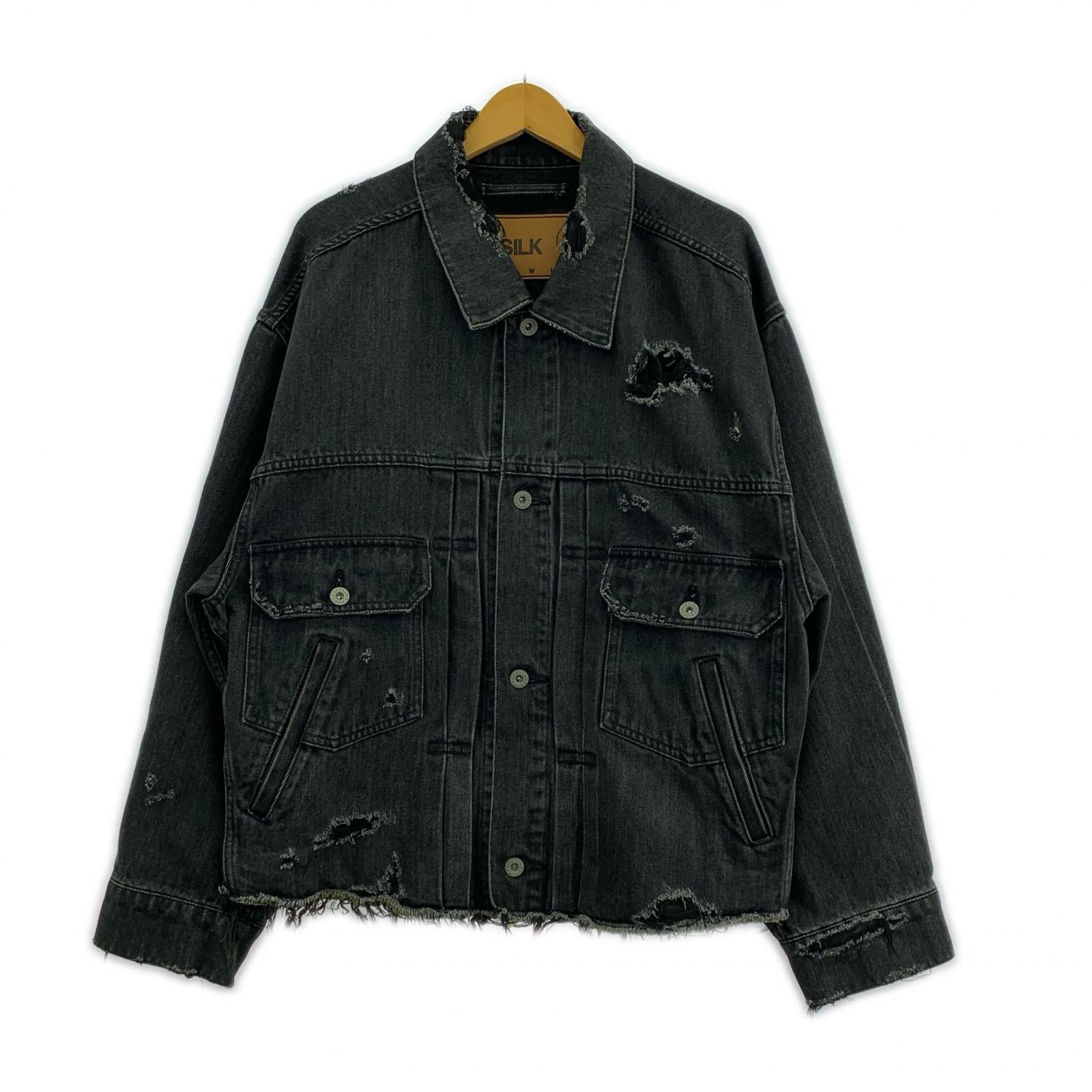 ジャケット 21SS Damaged Silk Denim Jacket (S) S ブラック