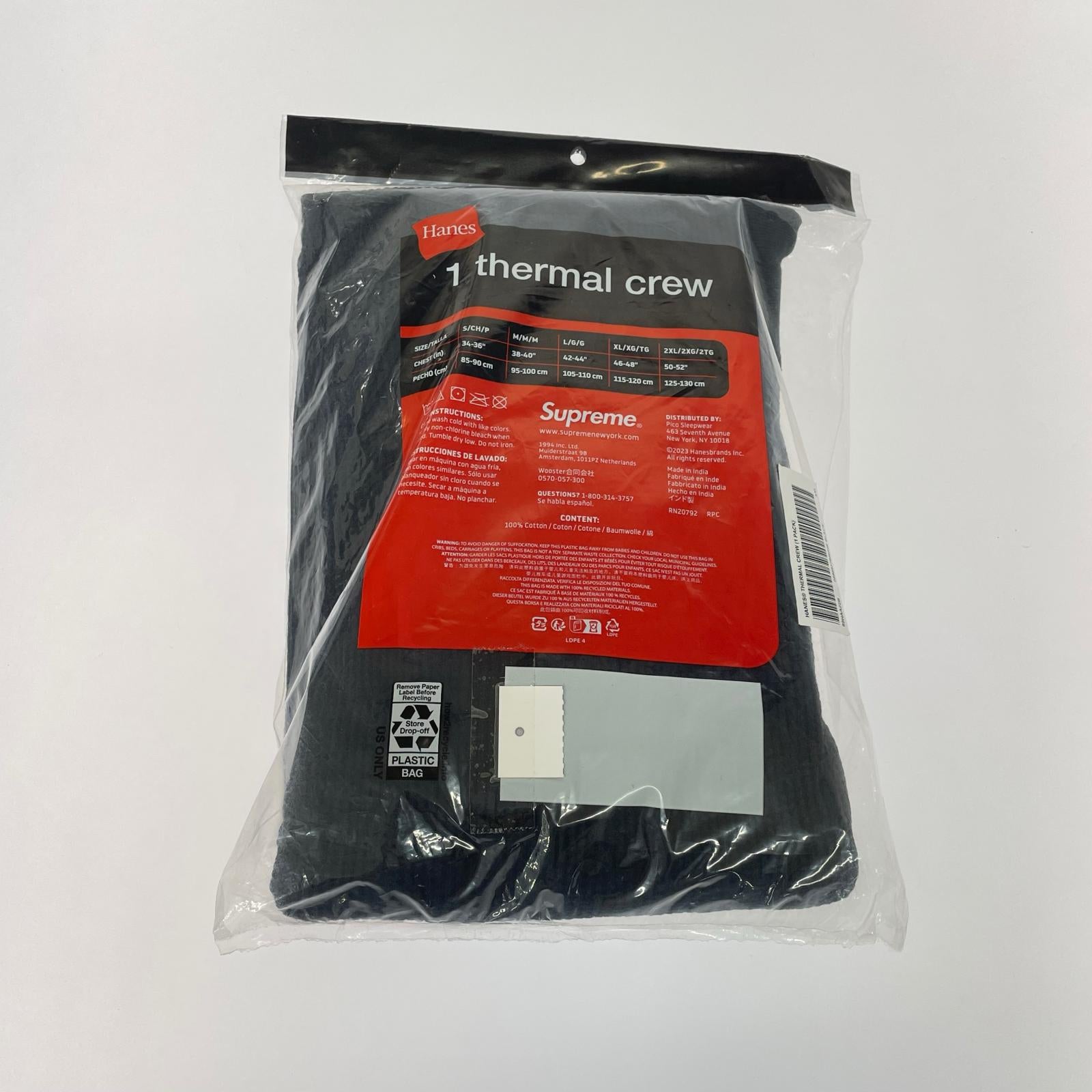 長袖Tシャツ Supreme Hanes Thermal Crew Black 無地サーマル 2XL 黒 ブラック