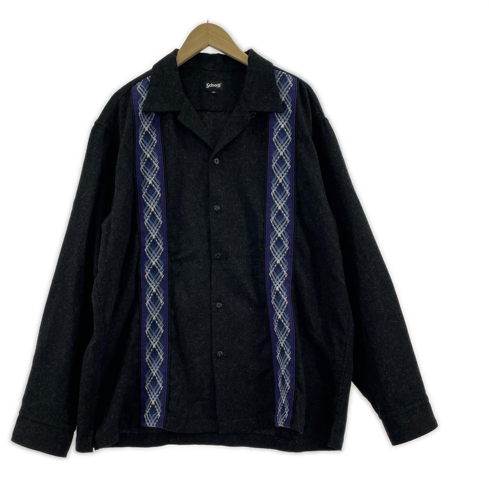 長袖シャツ 開襟ウールシャツ 2XL ブラック