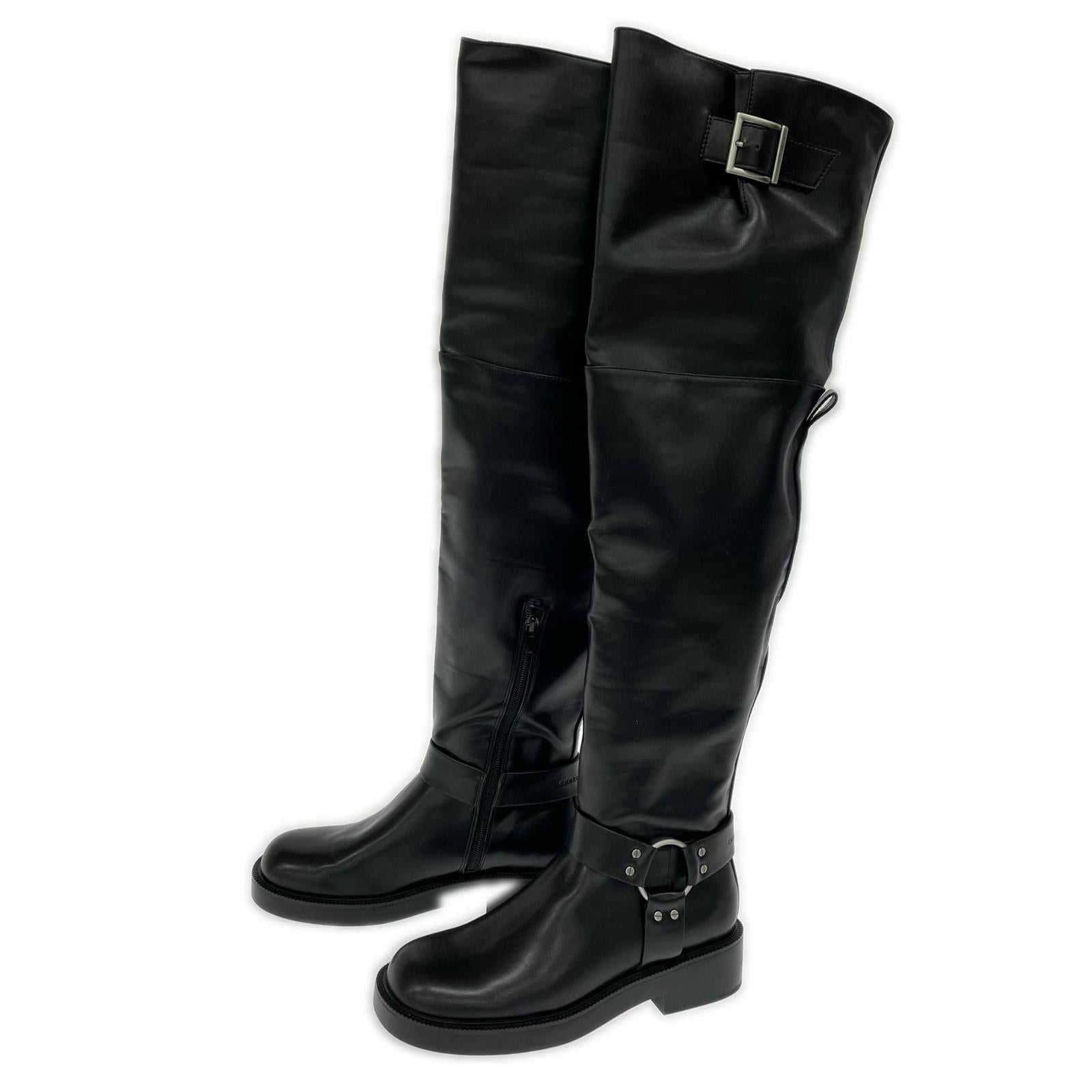ブーツ フェイクレザー サイドジップ ロングブーツ 黒 24.0cm 38 ブラック