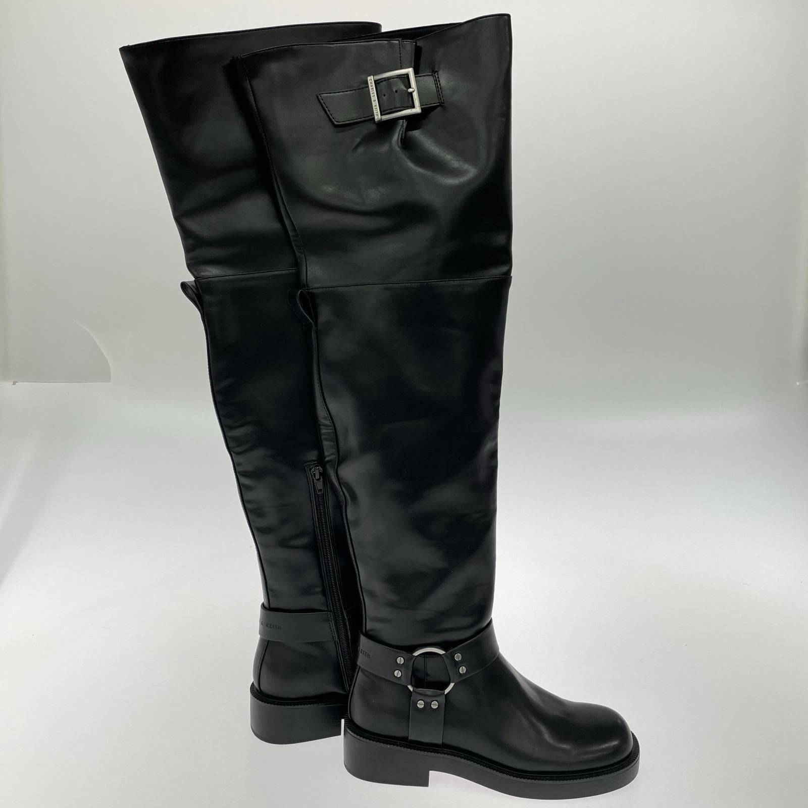 ブーツ フェイクレザー サイドジップ ロングブーツ 黒 24.0cm 38 ブラック