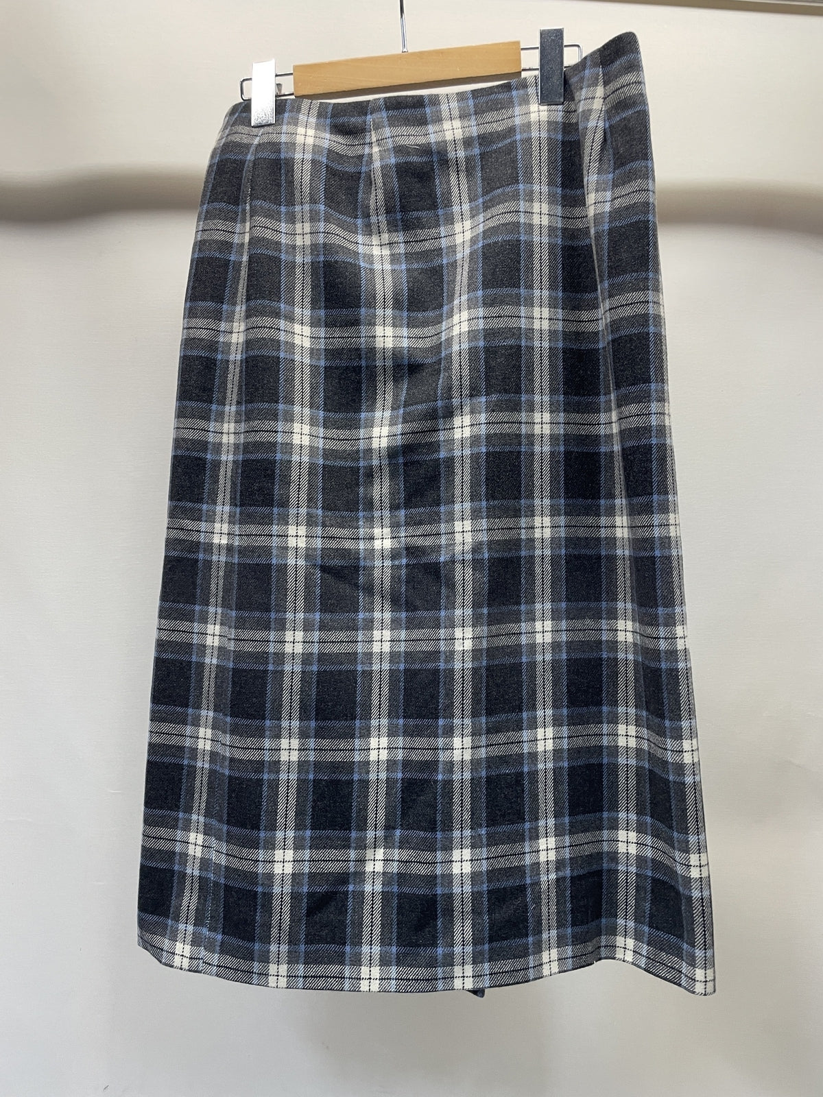 CELINE サイドベルト ウール×カシミヤ チェックスカート 40 ブルーグレー