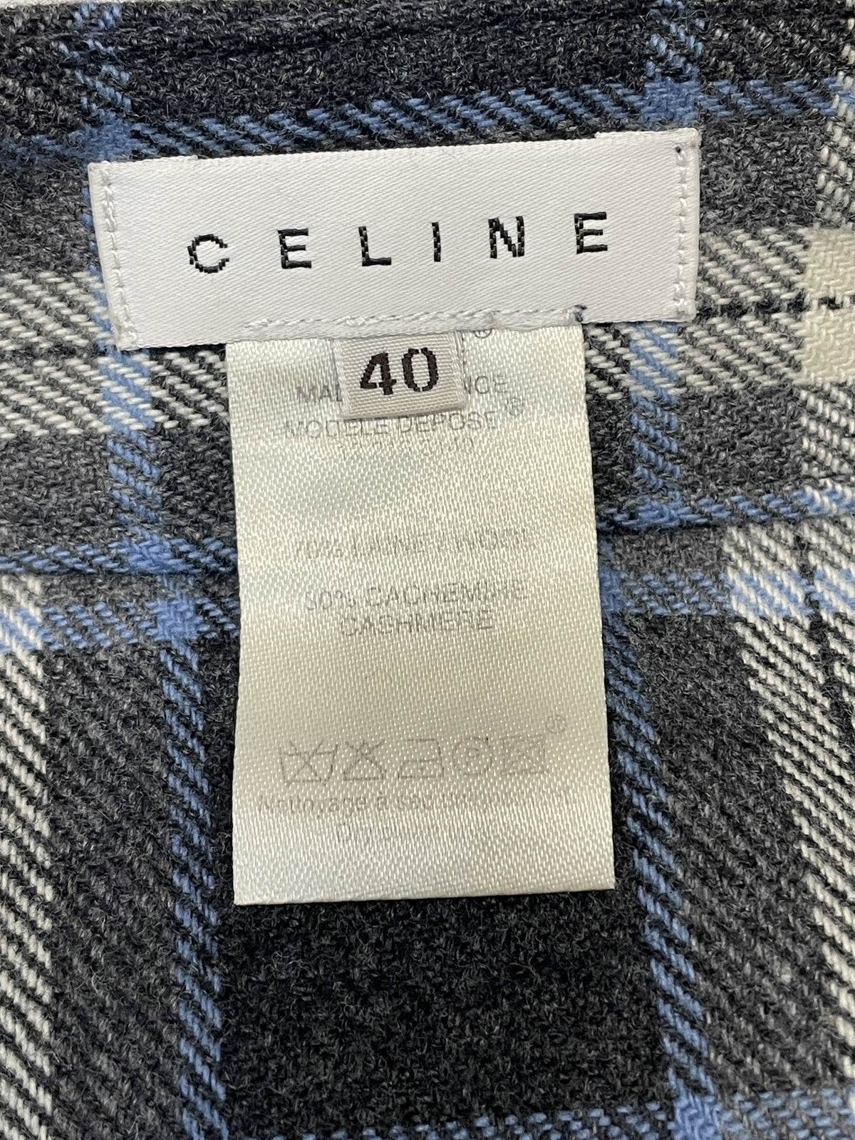 CELINE サイドベルト ウール×カシミヤ チェックスカート 40 ブルーグレー