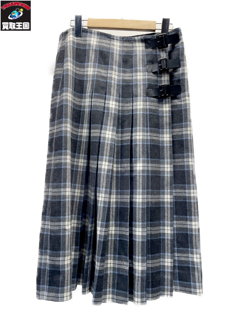 CELINE サイドベルト ウール×カシミヤ チェックスカート 40 ブルーグレー