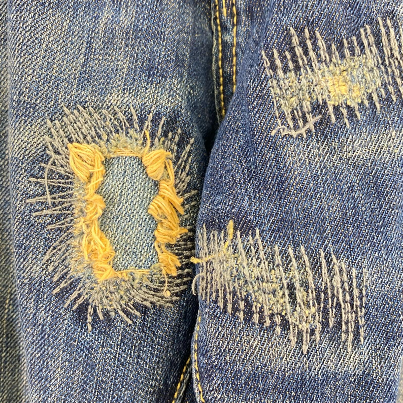 デニムパンツ 2009 刺繍 プリント ダメージ デニム 32 32 ブルー