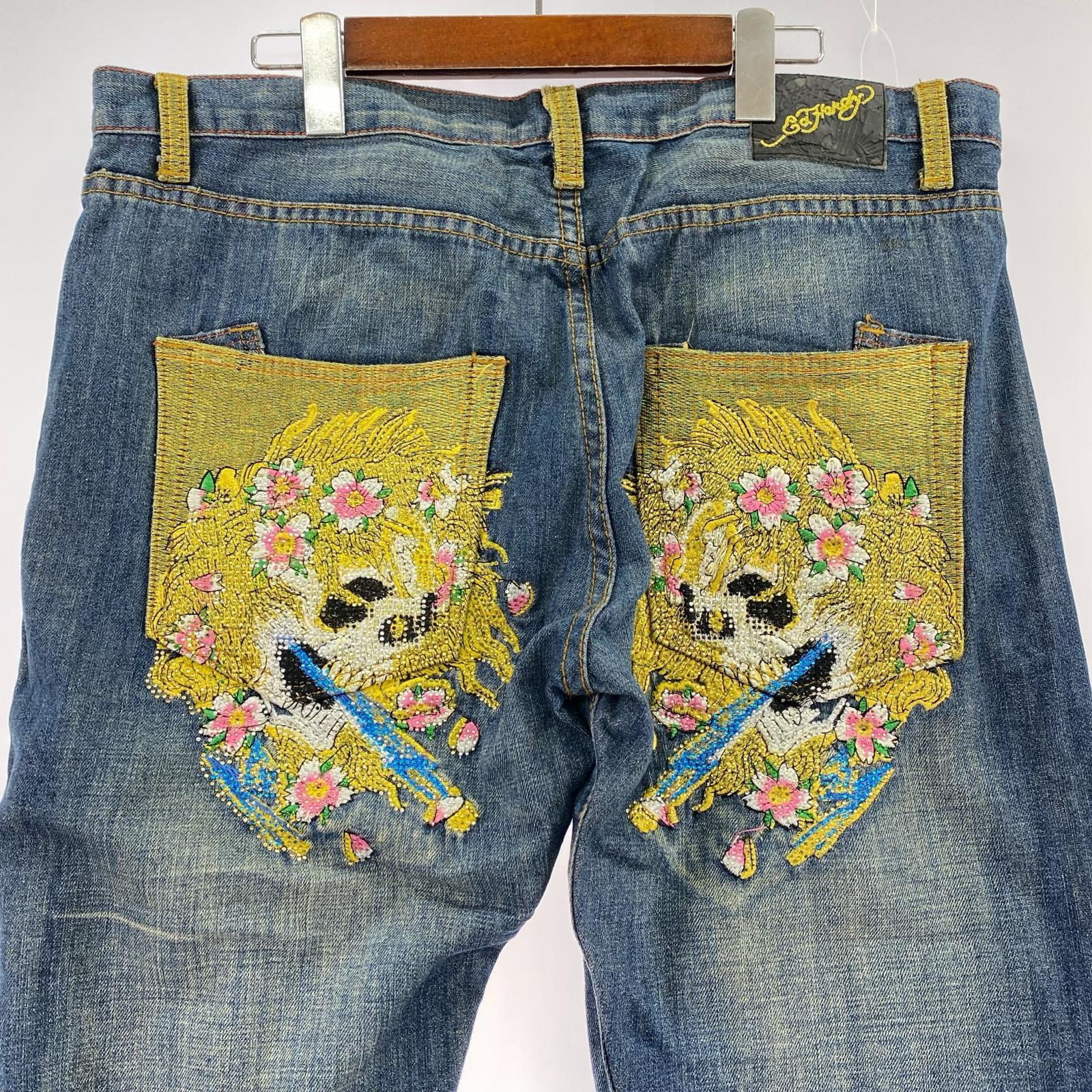 デニムパンツ 刺繍 ダメージ 36 ブルー