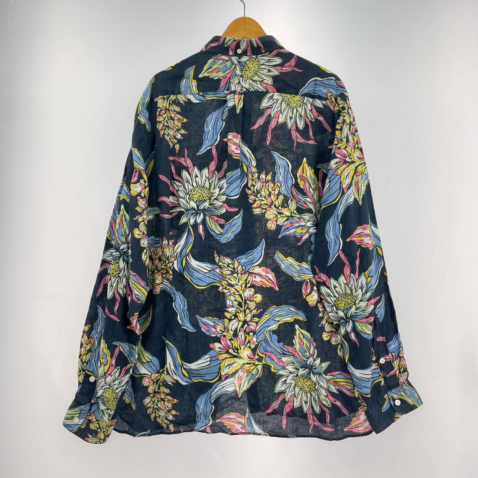 長袖シャツ 総柄 リネンシャツ (XL) 紺
