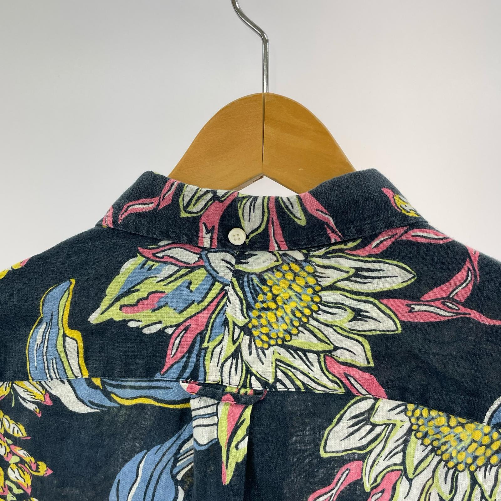 長袖シャツ 総柄 リネンシャツ (XL) 紺