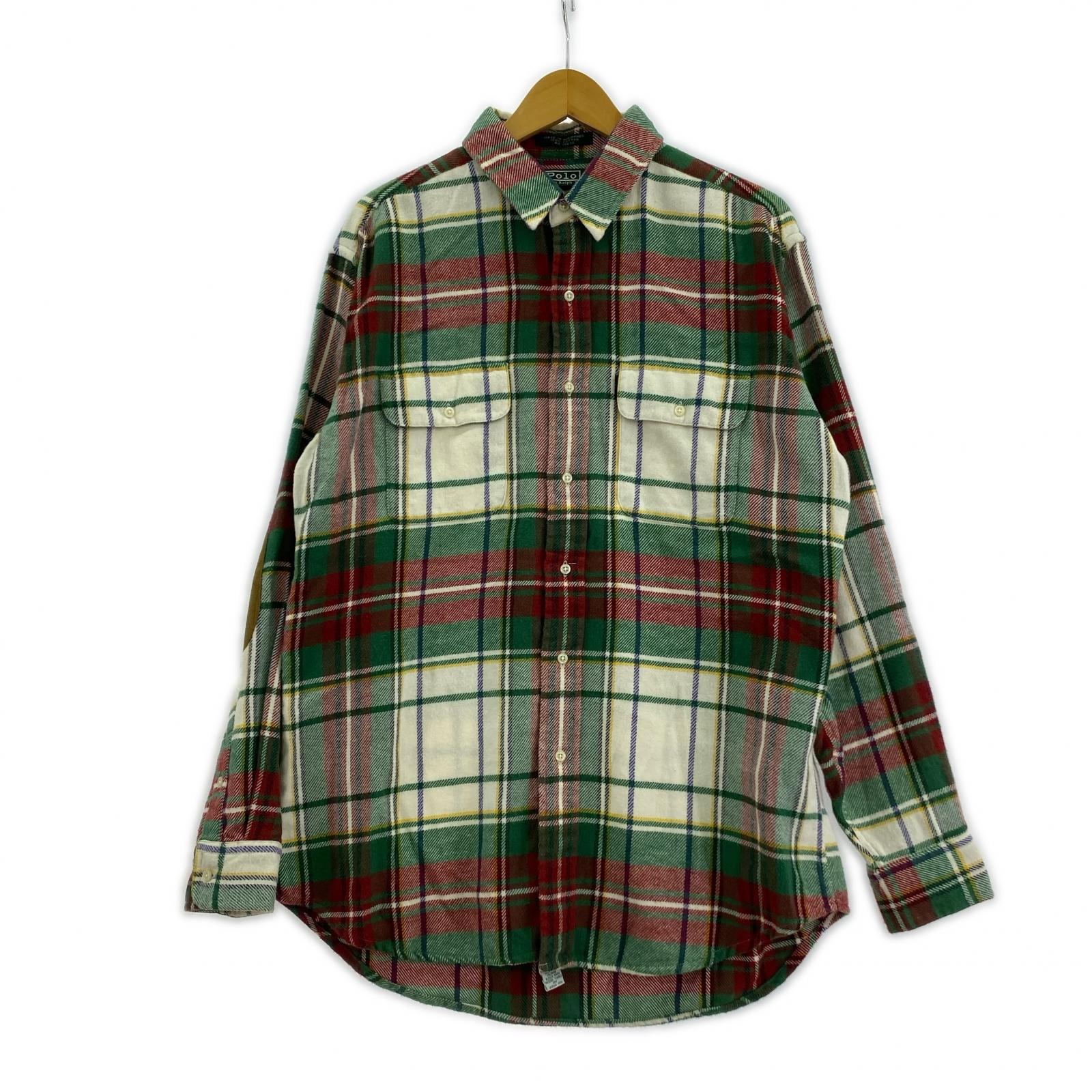長袖シャツ チェック 緑白 (XL)