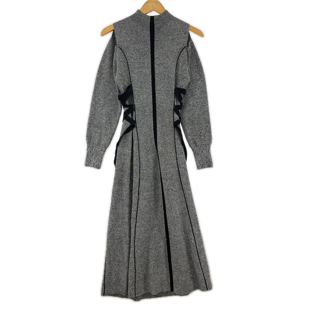 ワンピース レースアップバイカラーニットワンピース/GRY グレー