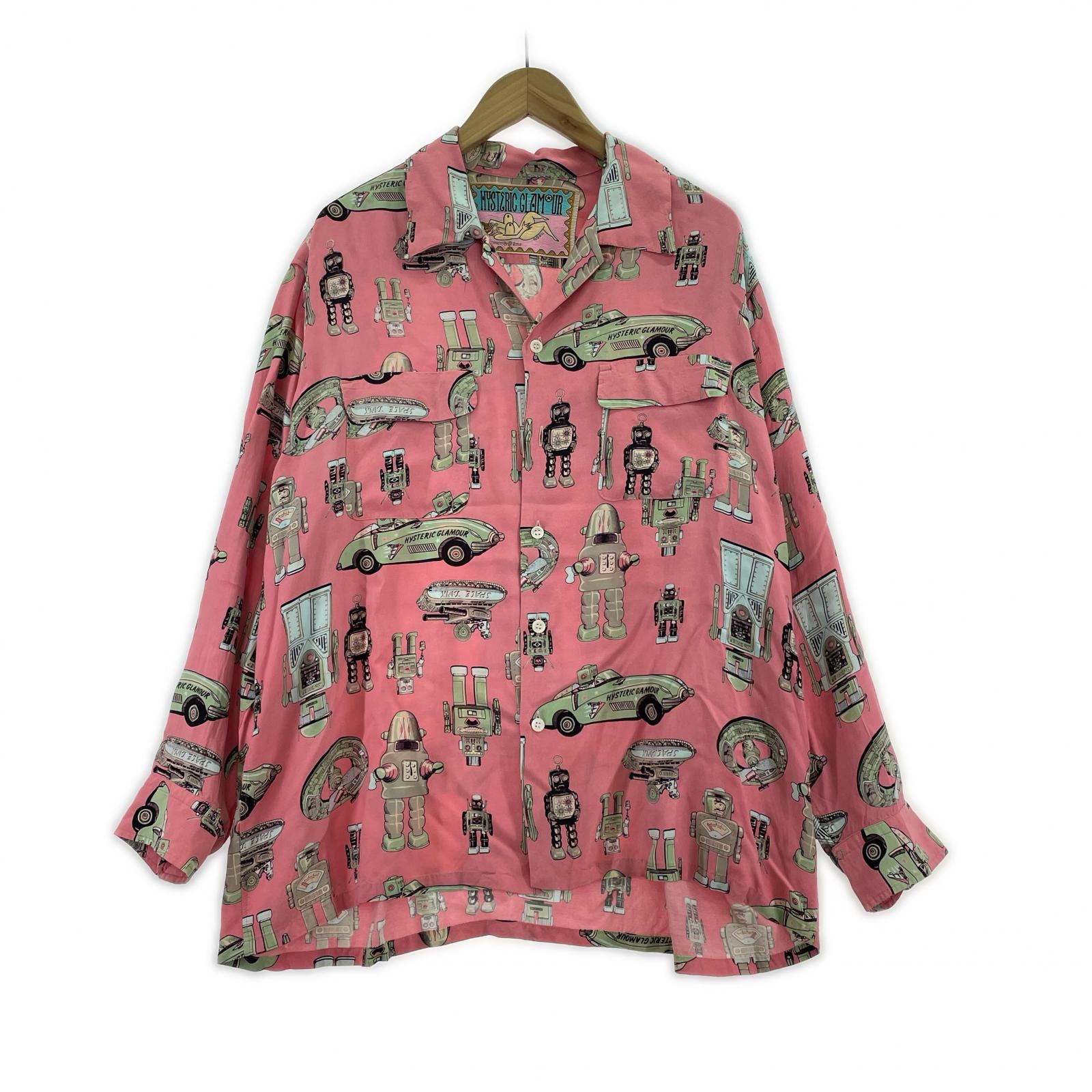 長袖シャツ 80s HYSTERIC GLAMOUR ヒスママタグ ロボット柄 レーヨンシャツ ピンク