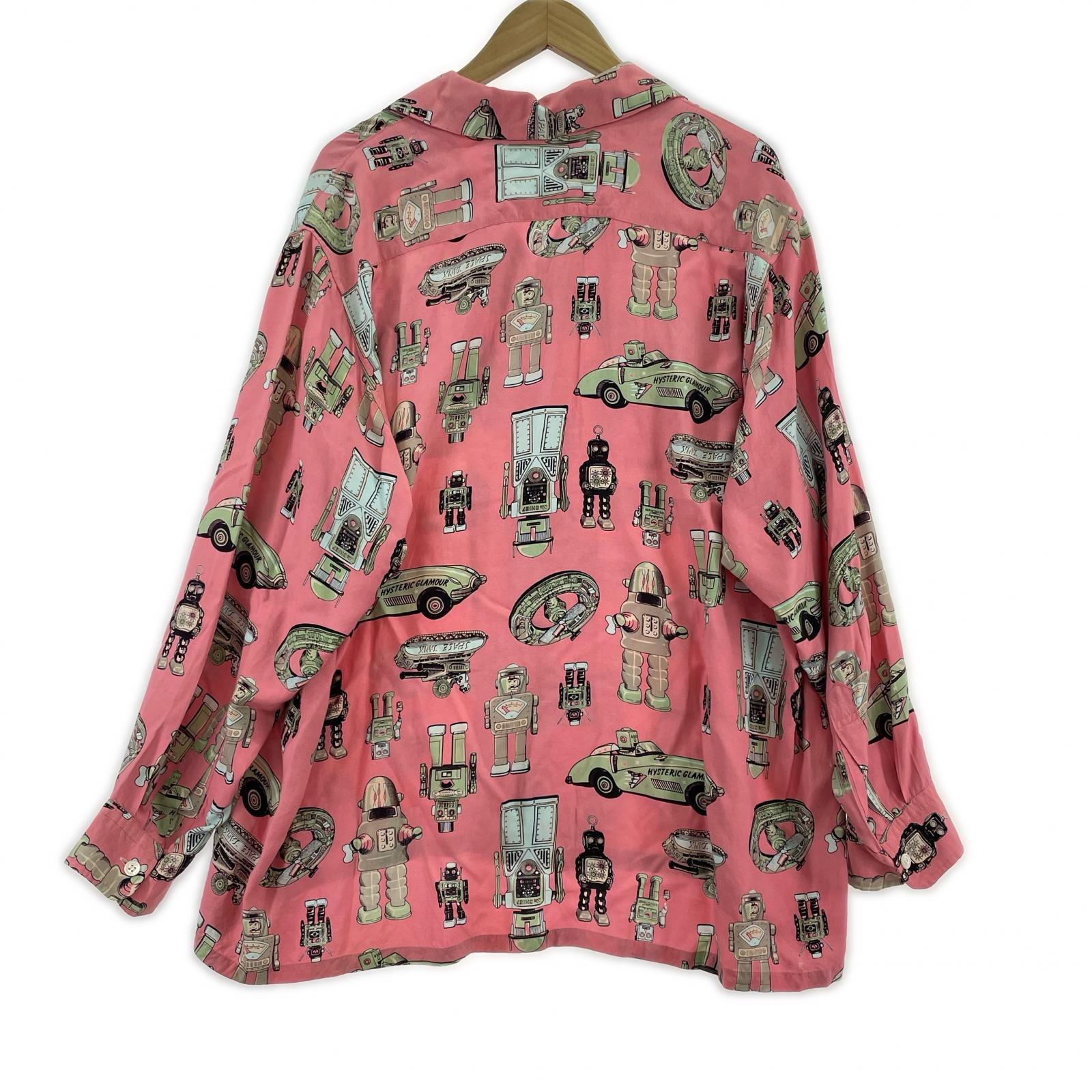 長袖シャツ 80s HYSTERIC GLAMOUR ヒスママタグ ロボット柄 レーヨンシャツ ピンク