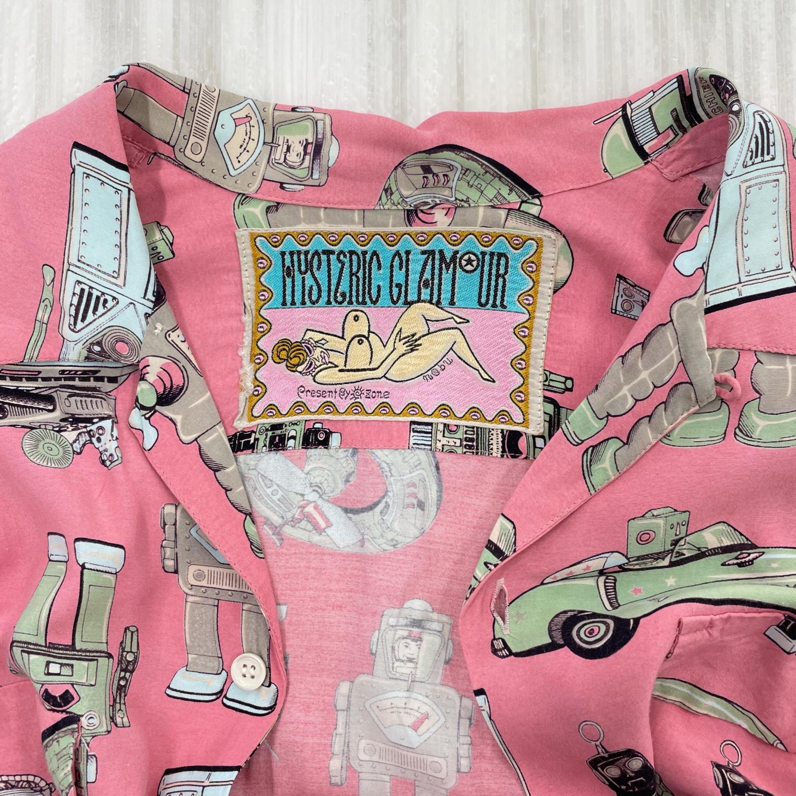 長袖シャツ 80s HYSTERIC GLAMOUR ヒスママタグ ロボット柄 レーヨンシャツ ピンク