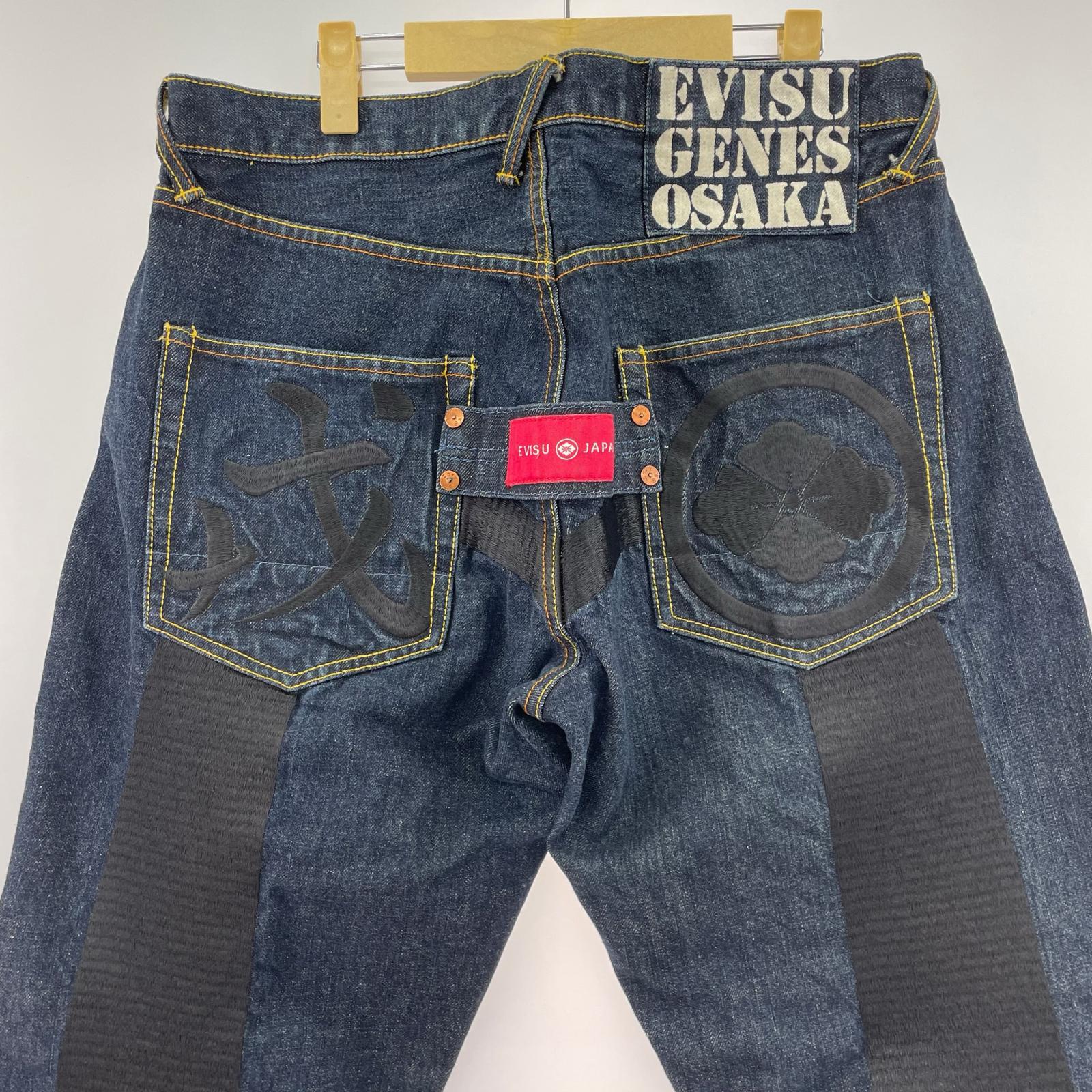 デニムパンツ 家紋 戎 漆黒 刺繍 セルヴィッチデニム-w34 34 ネイビー
