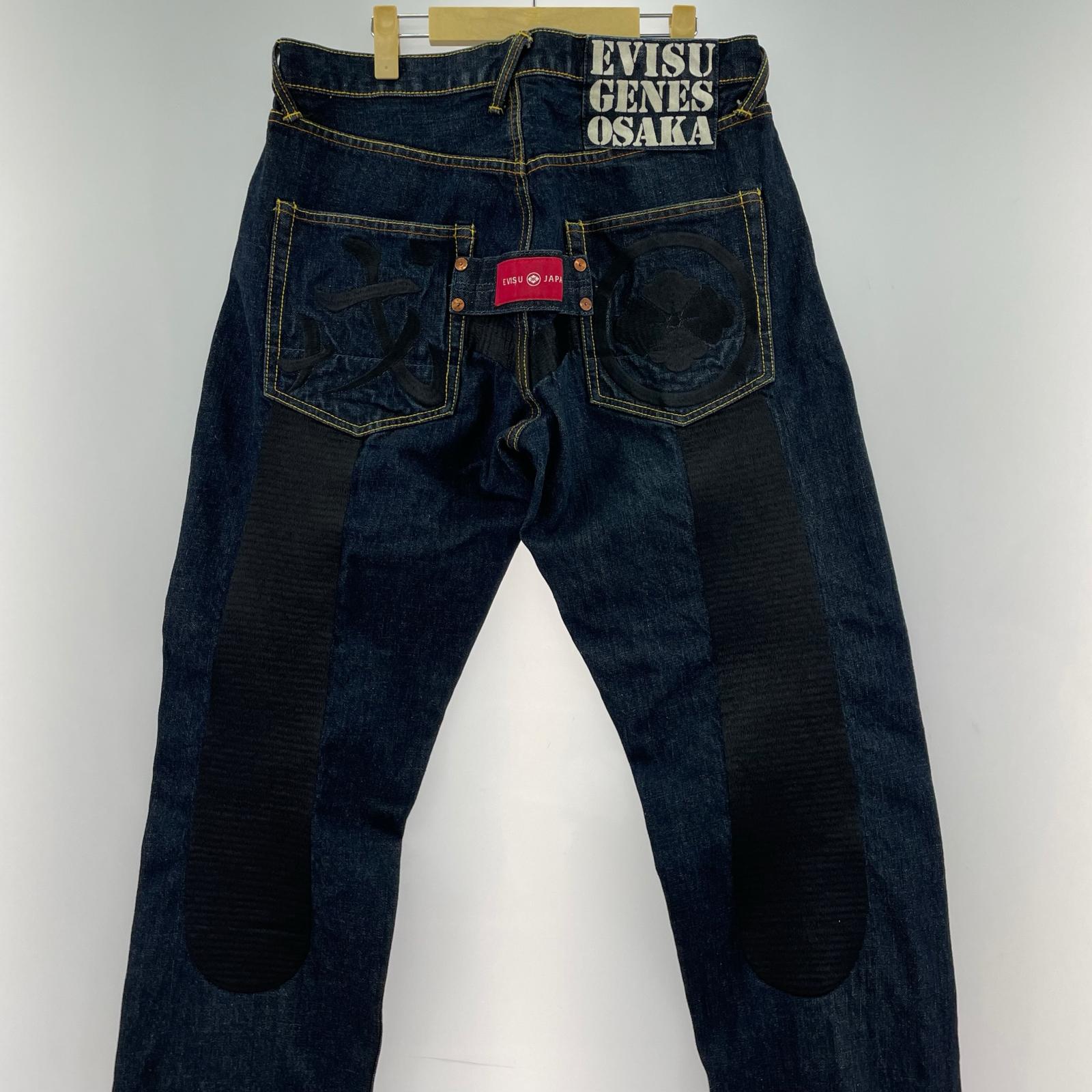 デニムパンツ 家紋 戎 漆黒 刺繍 セルヴィッチデニム-w34 34 ネイビー