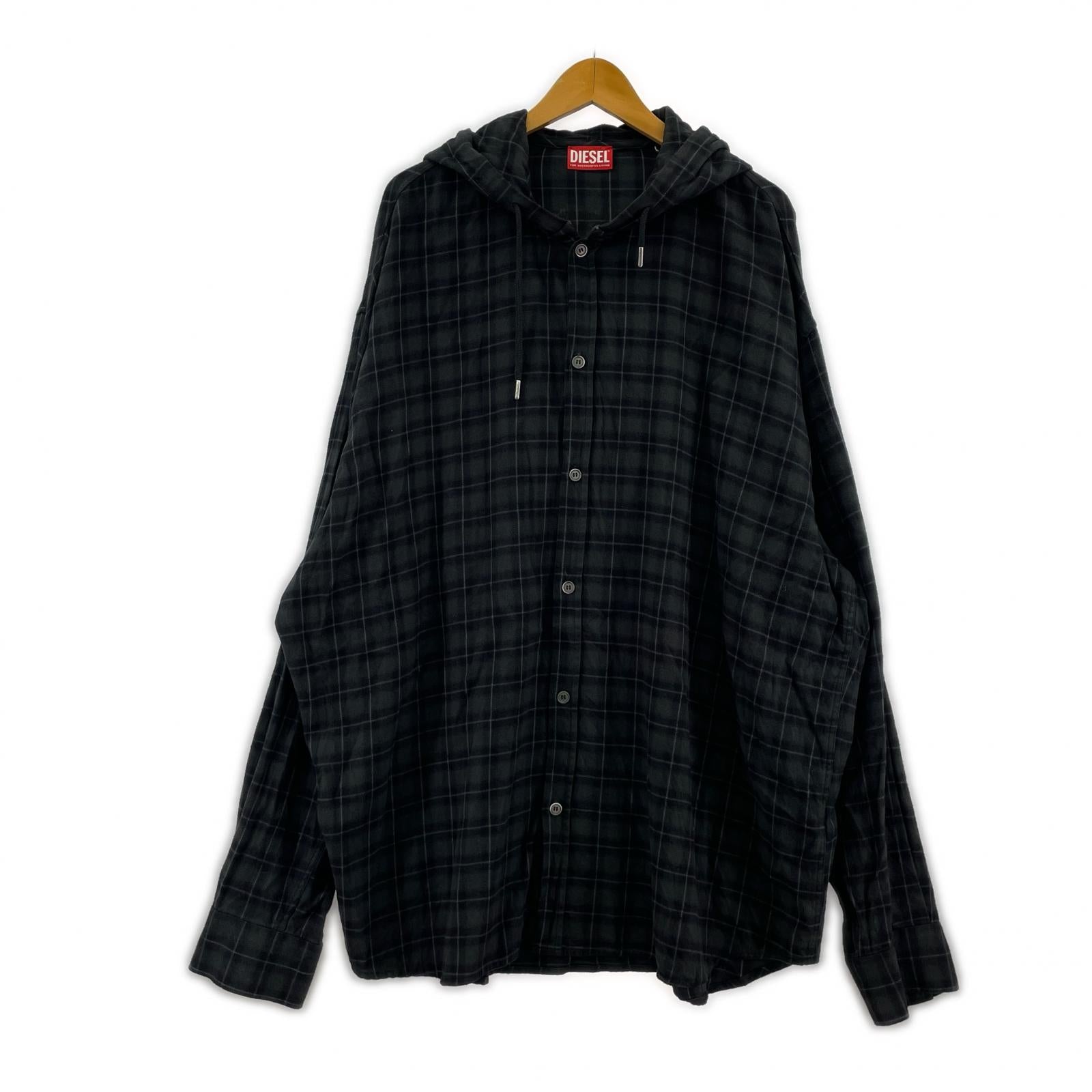 長袖シャツ S-DEWNY-HOOD-B チェックフーディーシャツ GRN (50) ブラック
