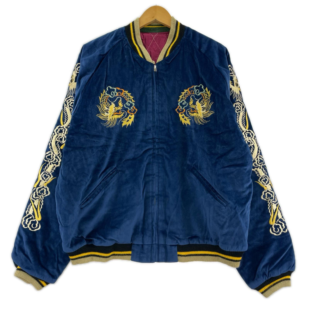 ブルゾン 別珍 キルティング スカジャン リバーシブル 虎 龍 青紫 (XL)