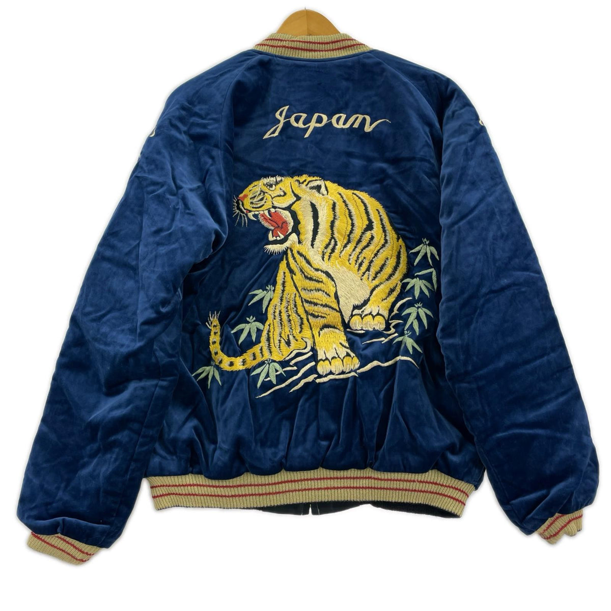 ブルゾン 別珍 キルティング スカジャン リバーシブル 鷹 虎 黒青 (XL) L