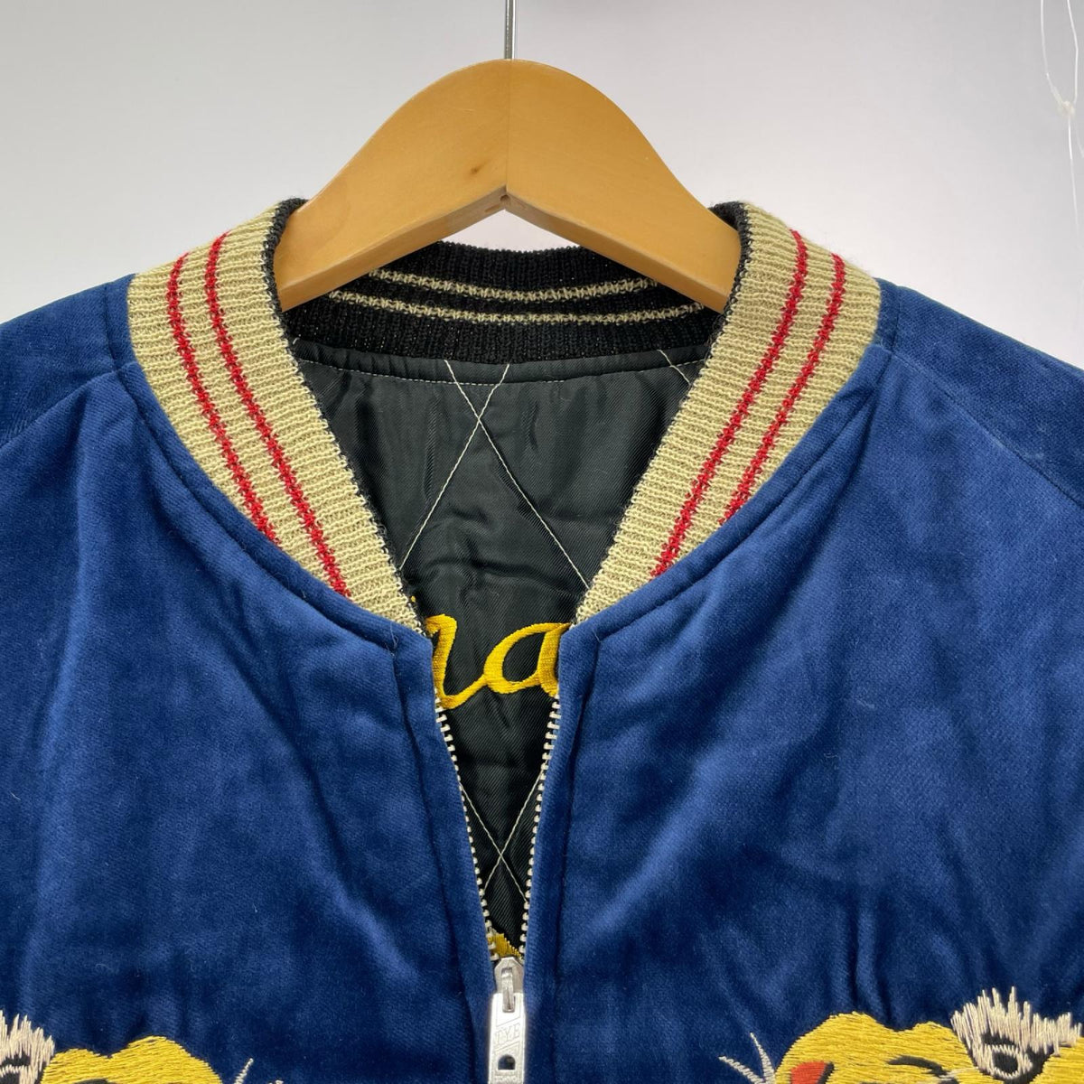 ブルゾン 別珍 キルティング スカジャン リバーシブル 鷹 虎 黒青 (XL) L