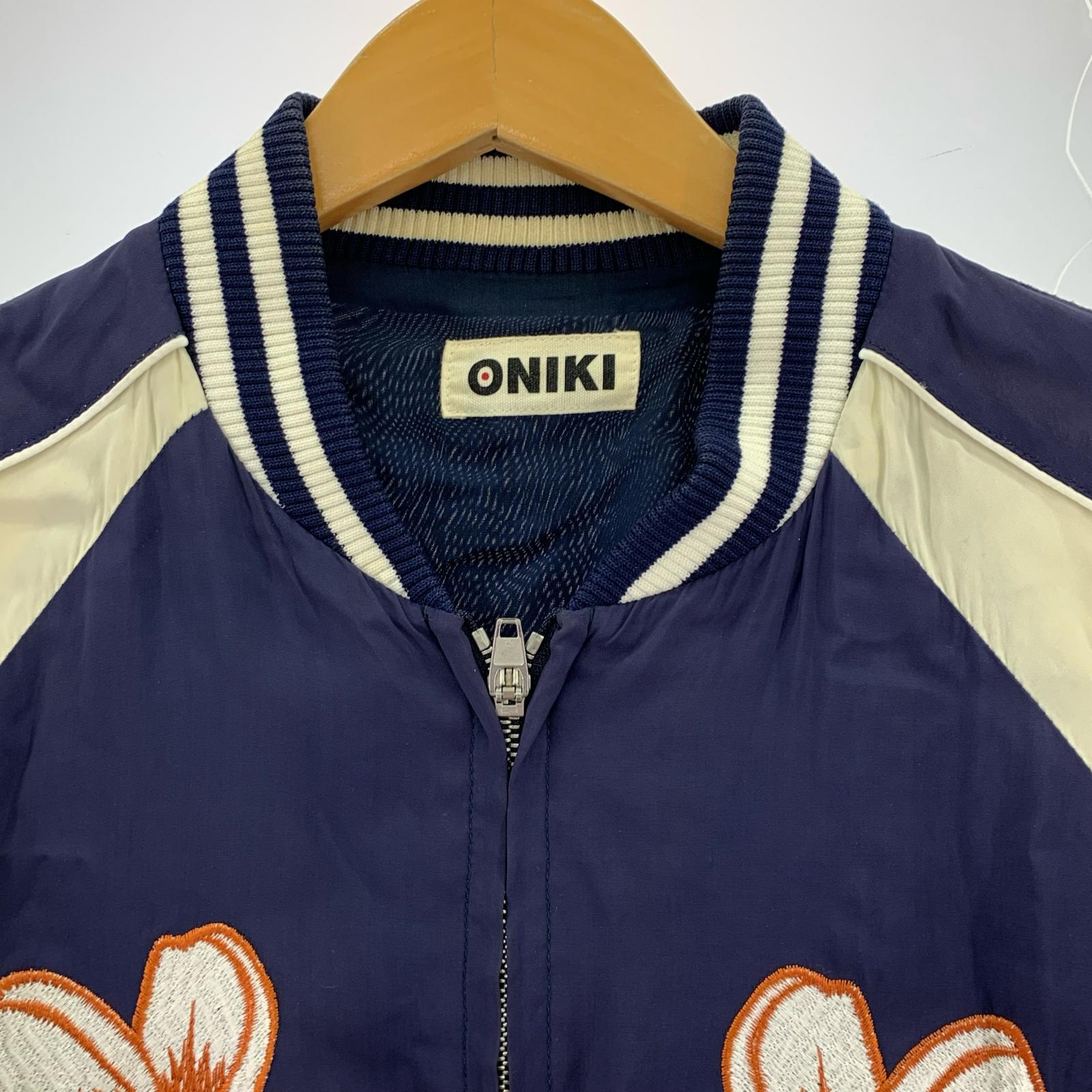 ジャケット ONIKI レーヨン フラワー刺繍 スカジャン 紺 S S ネイビー