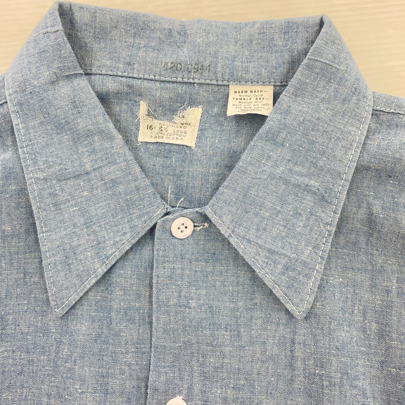長袖シャツ 70s コットンシャンブレー USA製 青 (16.5) ブルー