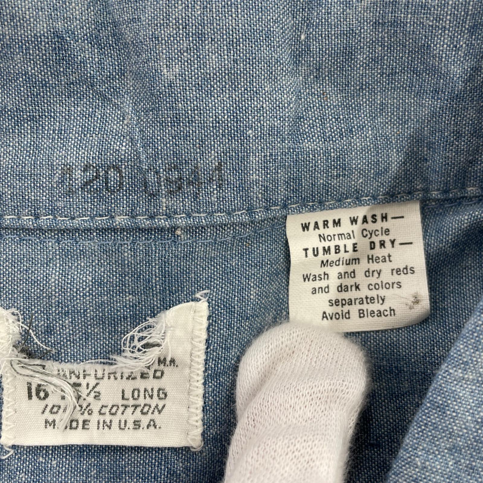 長袖シャツ 70s コットンシャンブレー USA製 青 (16.5) ブルー